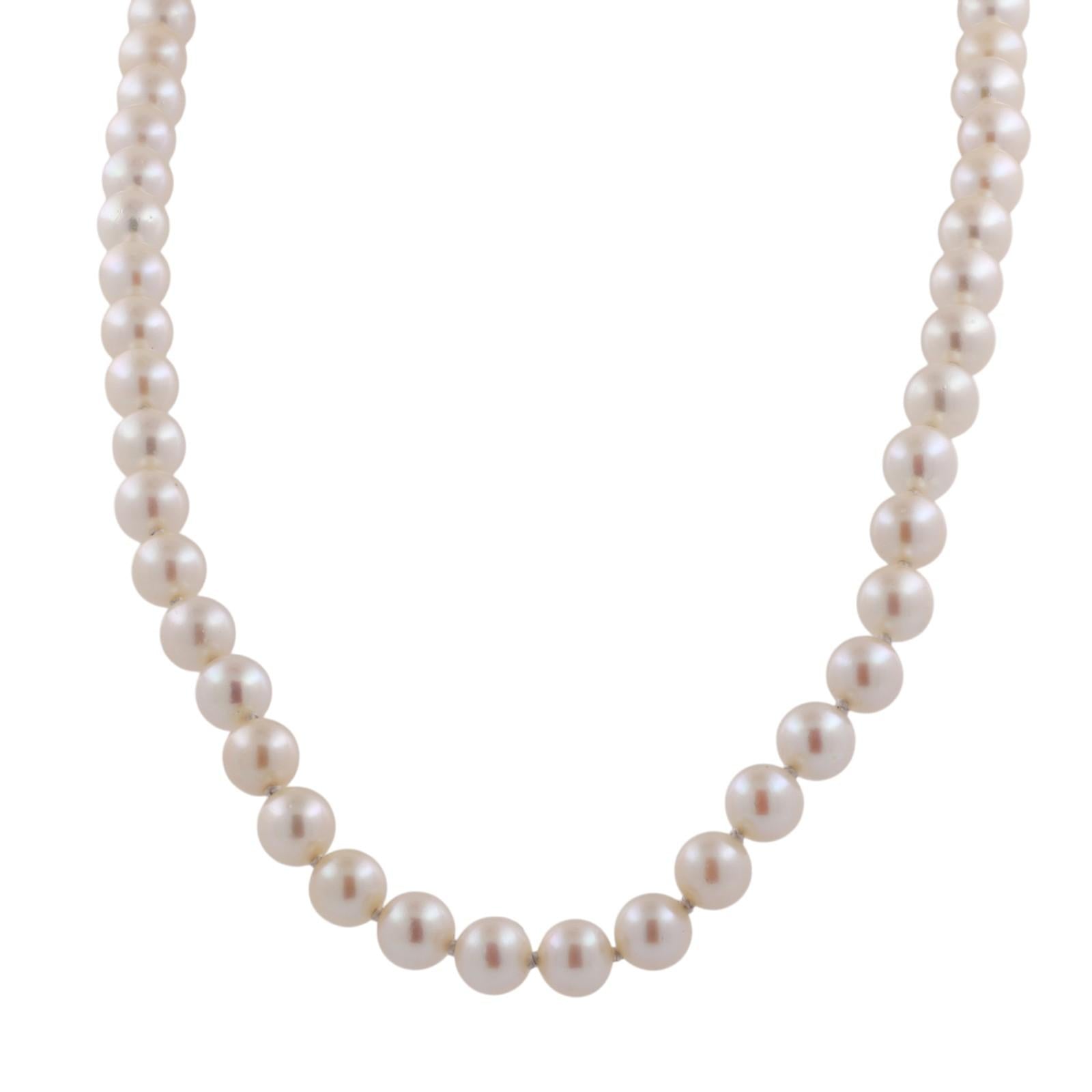 Cultured Akoya Pearl Necklace 14K White Gold Diamond Heart Clasp 7mm 0.33CTW