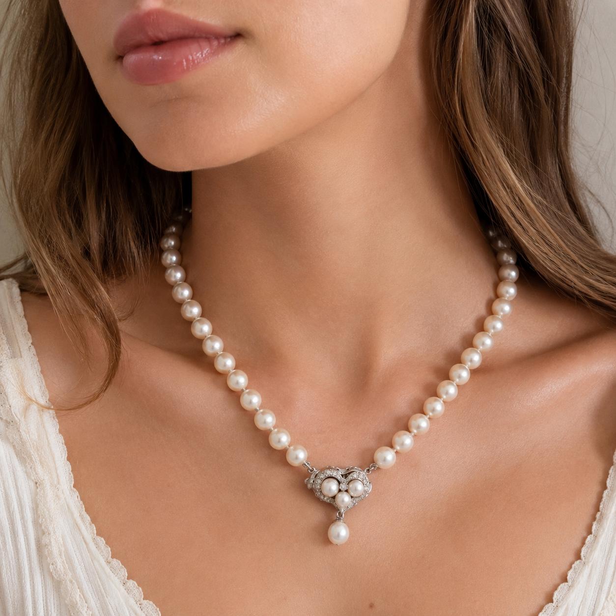 Cultured Akoya Pearl Necklace 14K White Gold Diamond Heart Clasp 7mm 0.33CTW