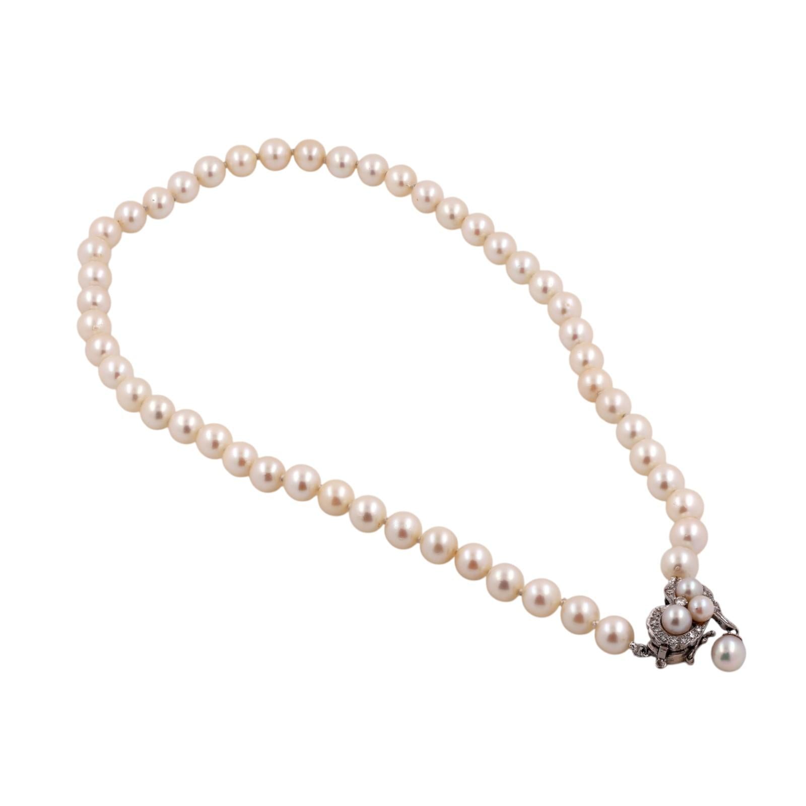 Cultured Akoya Pearl Necklace 14K White Gold Diamond Heart Clasp 7mm 0.33CTW