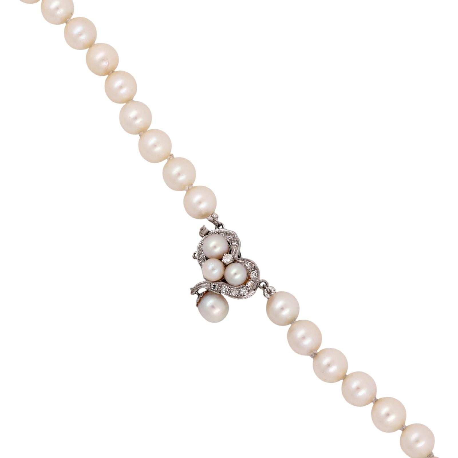 Cultured Akoya Pearl Necklace 14K White Gold Diamond Heart Clasp 7mm 0.33CTW