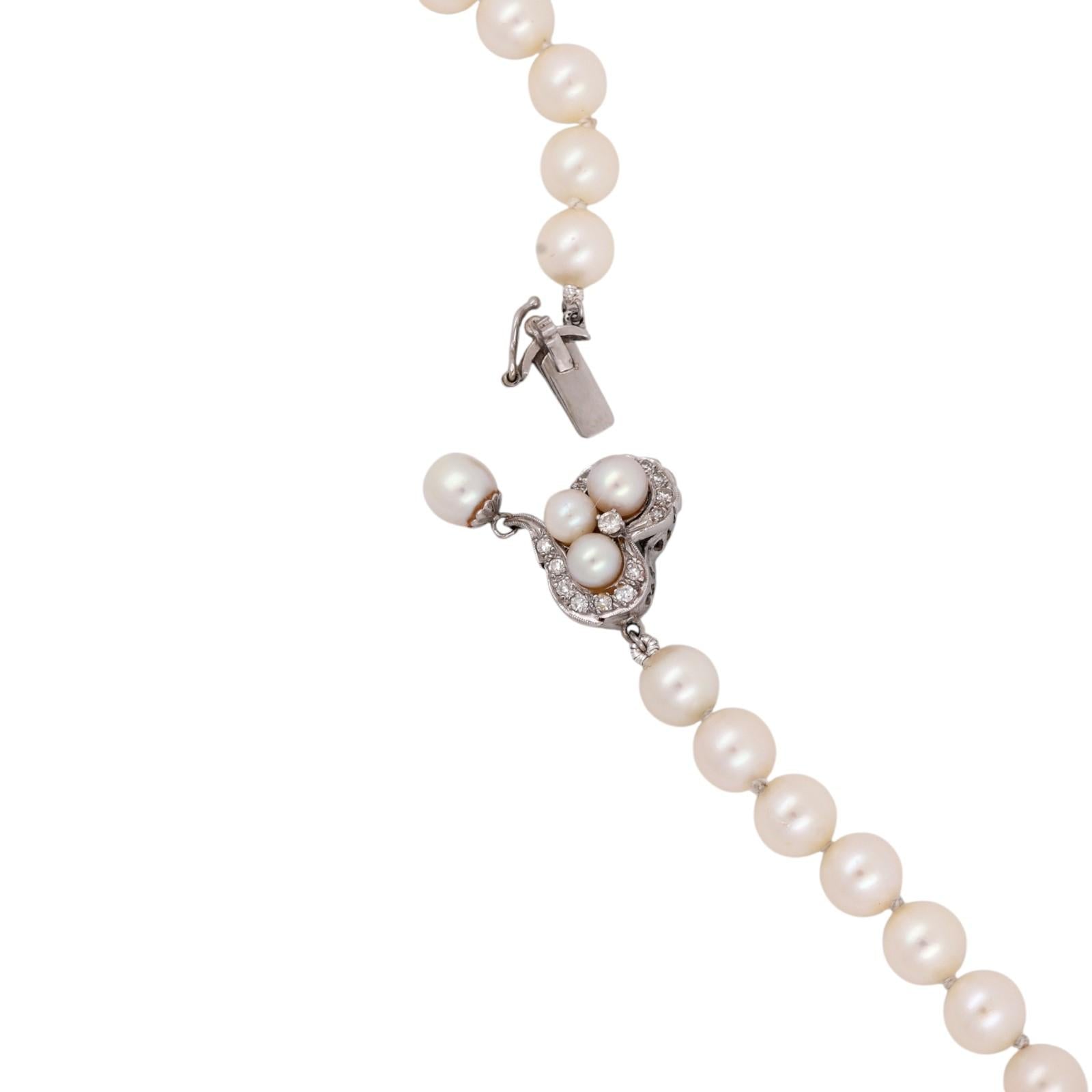 Cultured Akoya Pearl Necklace 14K White Gold Diamond Heart Clasp 7mm 0.33CTW