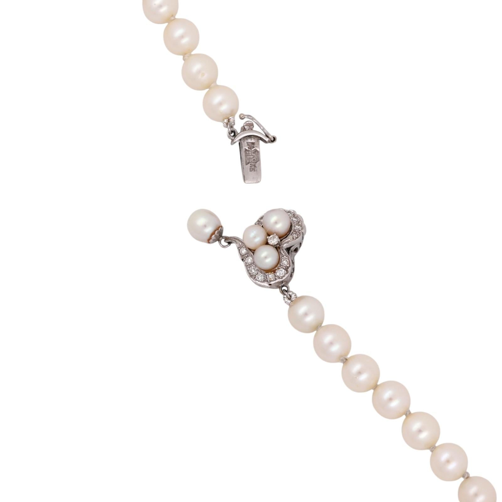 Cultured Akoya Pearl Necklace 14K White Gold Diamond Heart Clasp 7mm 0.33CTW