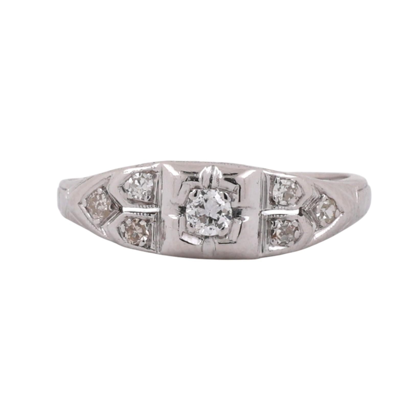 Vintage Platinum Diamond Ring Art Deco Style 0.22CTW Size 6.5 Estate