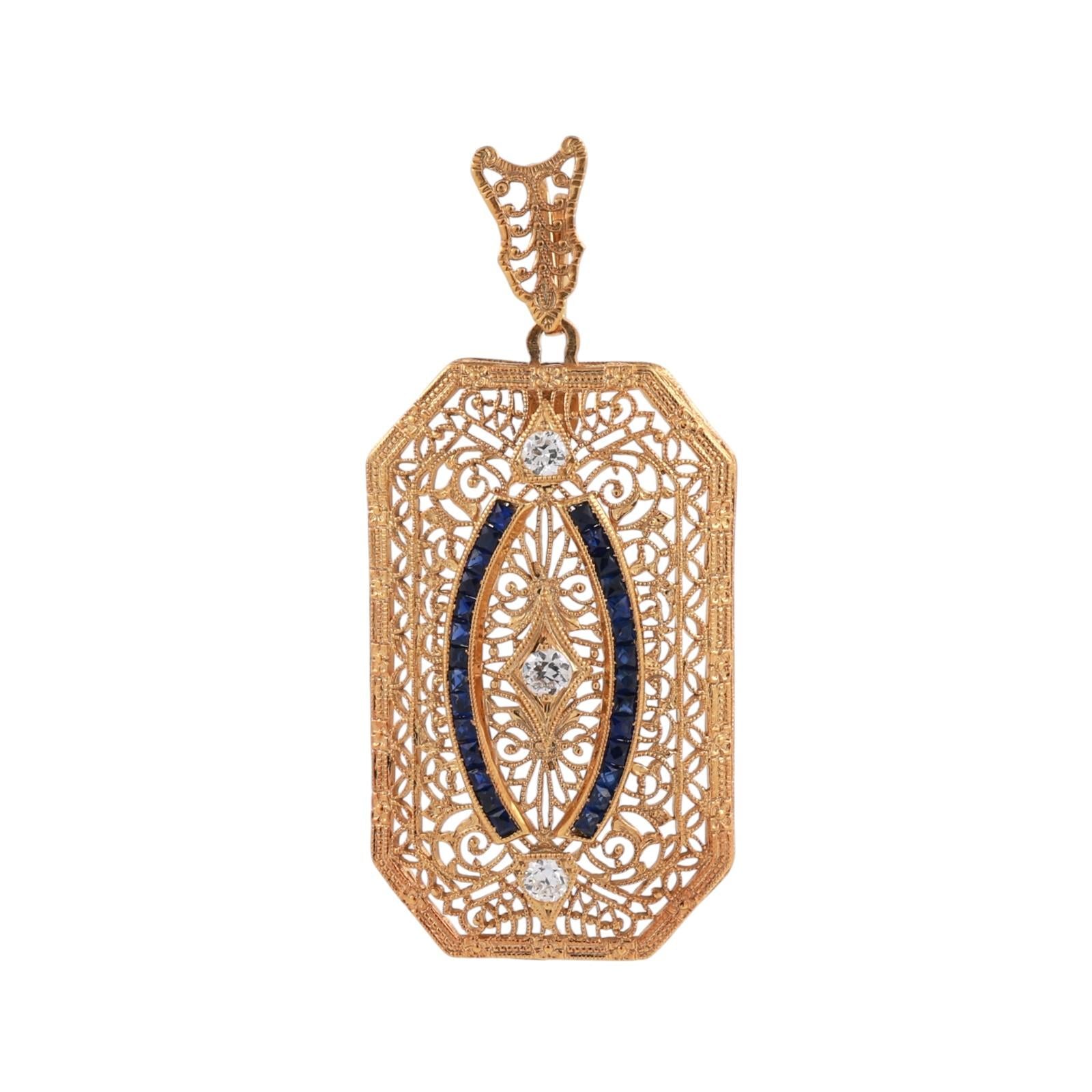 Vintage Yellow Gold Platinum Sapphire Diamond Filigree Pendant Art Deco Style