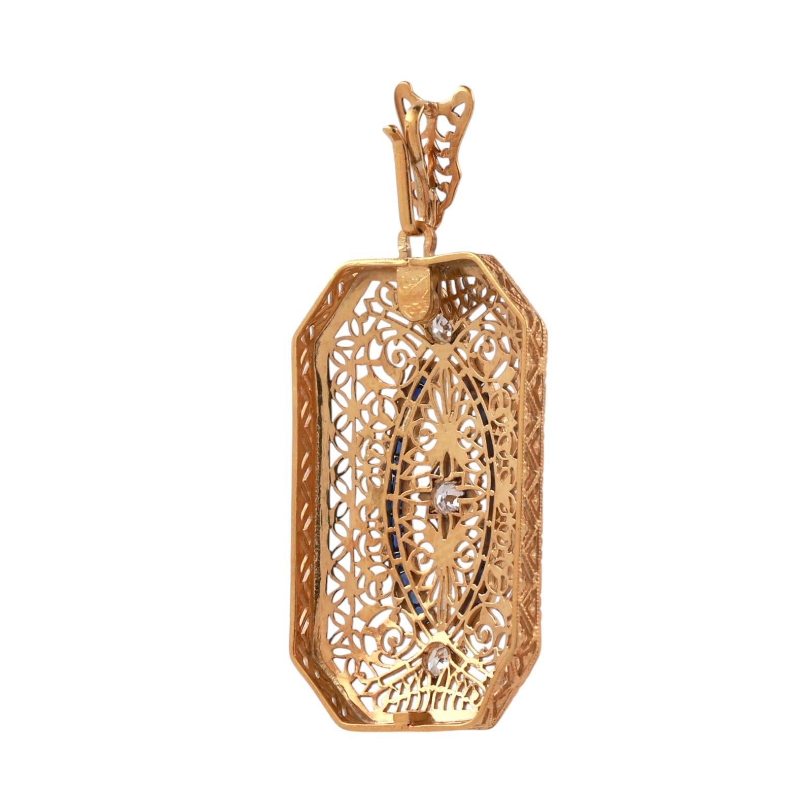 Vintage Yellow Gold Platinum Sapphire Diamond Filigree Pendant Art Deco Style