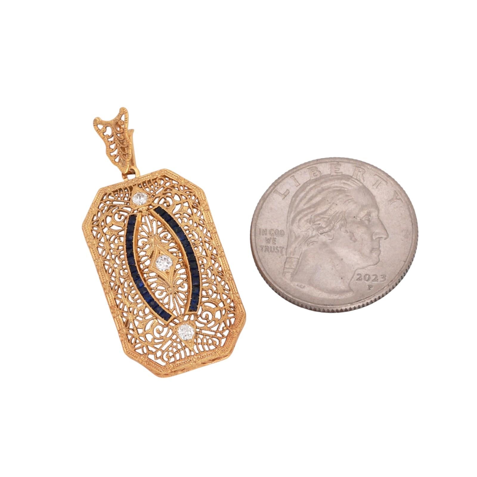 Vintage Yellow Gold Platinum Sapphire Diamond Filigree Pendant Art Deco Style