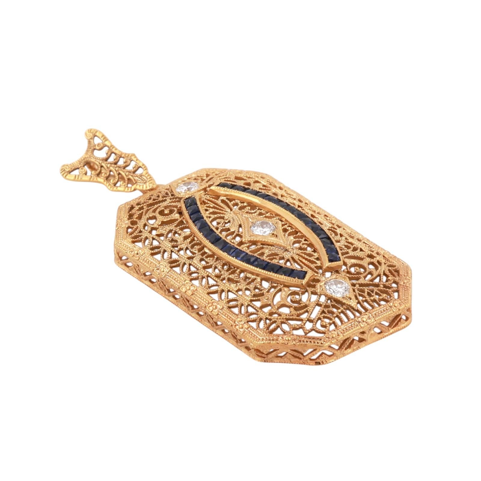 Vintage Yellow Gold Platinum Sapphire Diamond Filigree Pendant Art Deco Style
