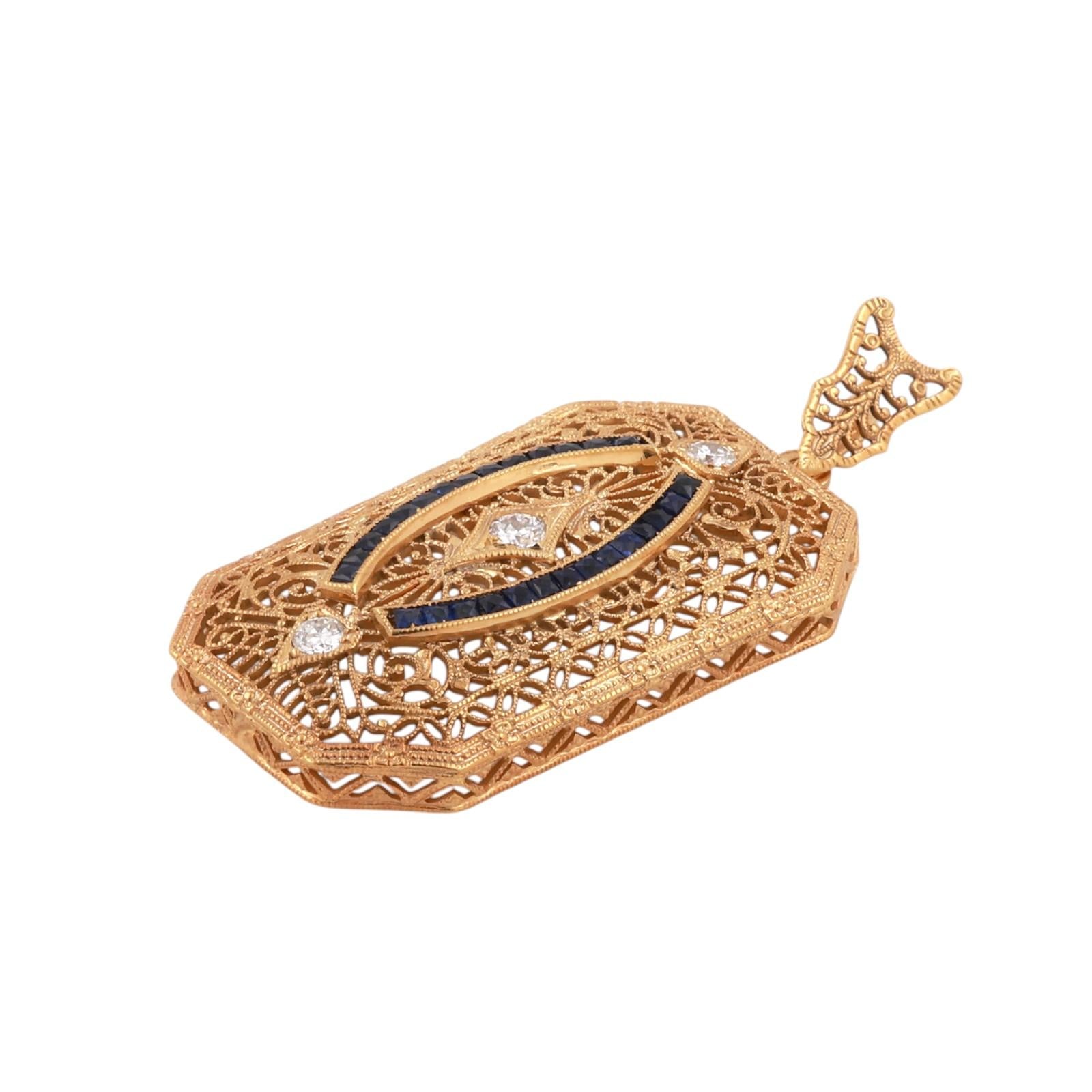 Vintage Yellow Gold Platinum Sapphire Diamond Filigree Pendant Art Deco Style