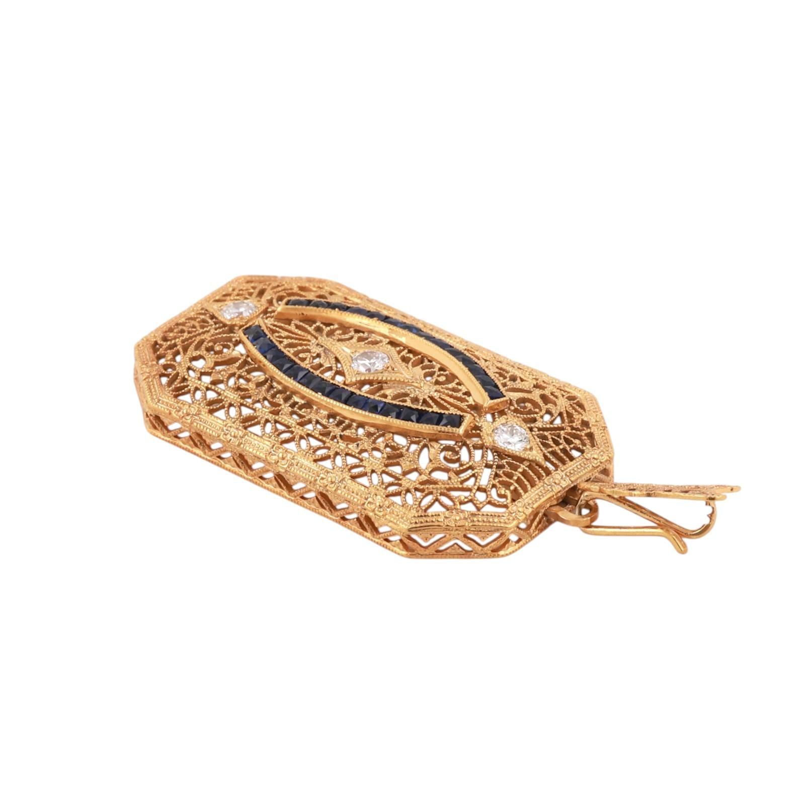 Vintage Yellow Gold Platinum Sapphire Diamond Filigree Pendant Art Deco Style