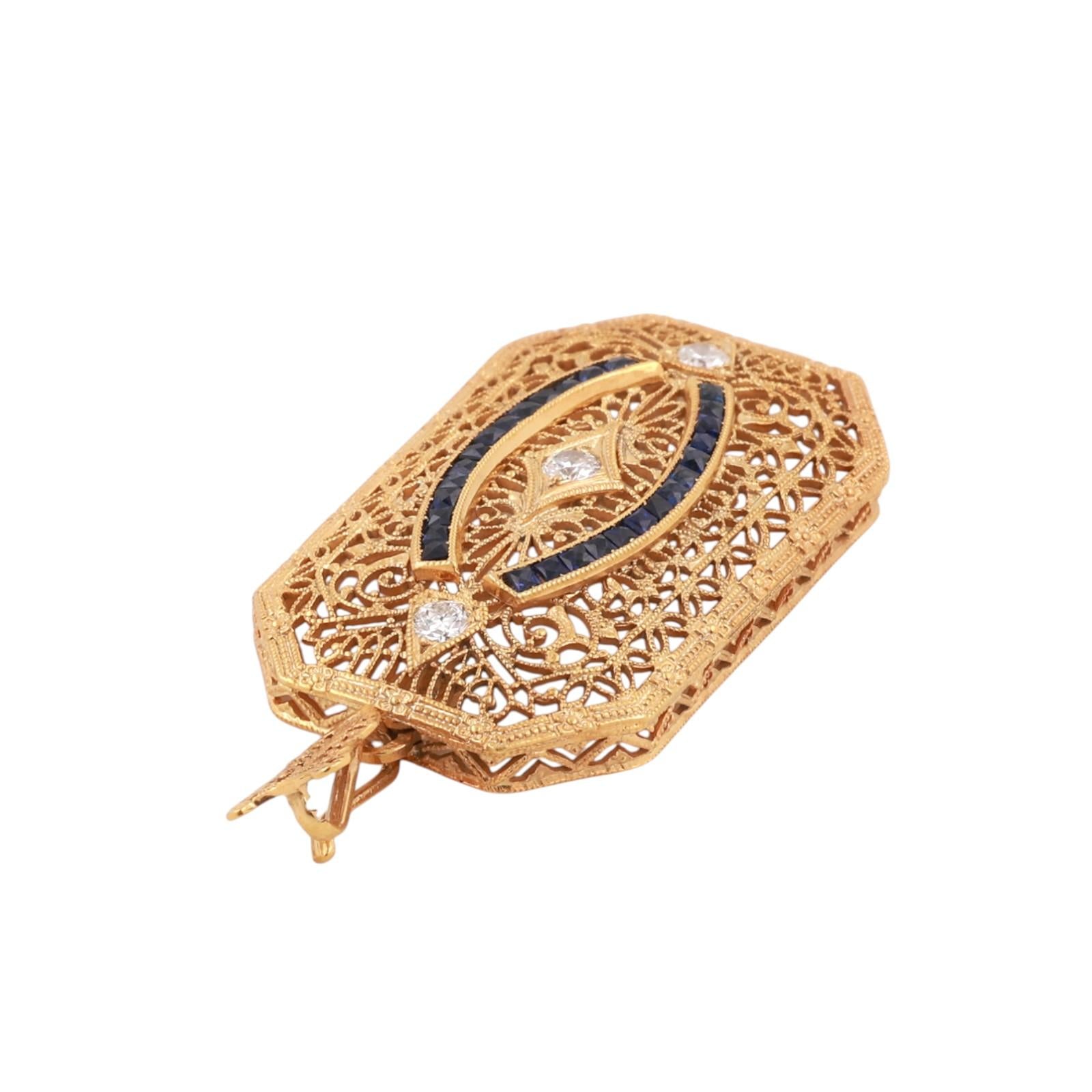 Vintage Yellow Gold Platinum Sapphire Diamond Filigree Pendant Art Deco Style