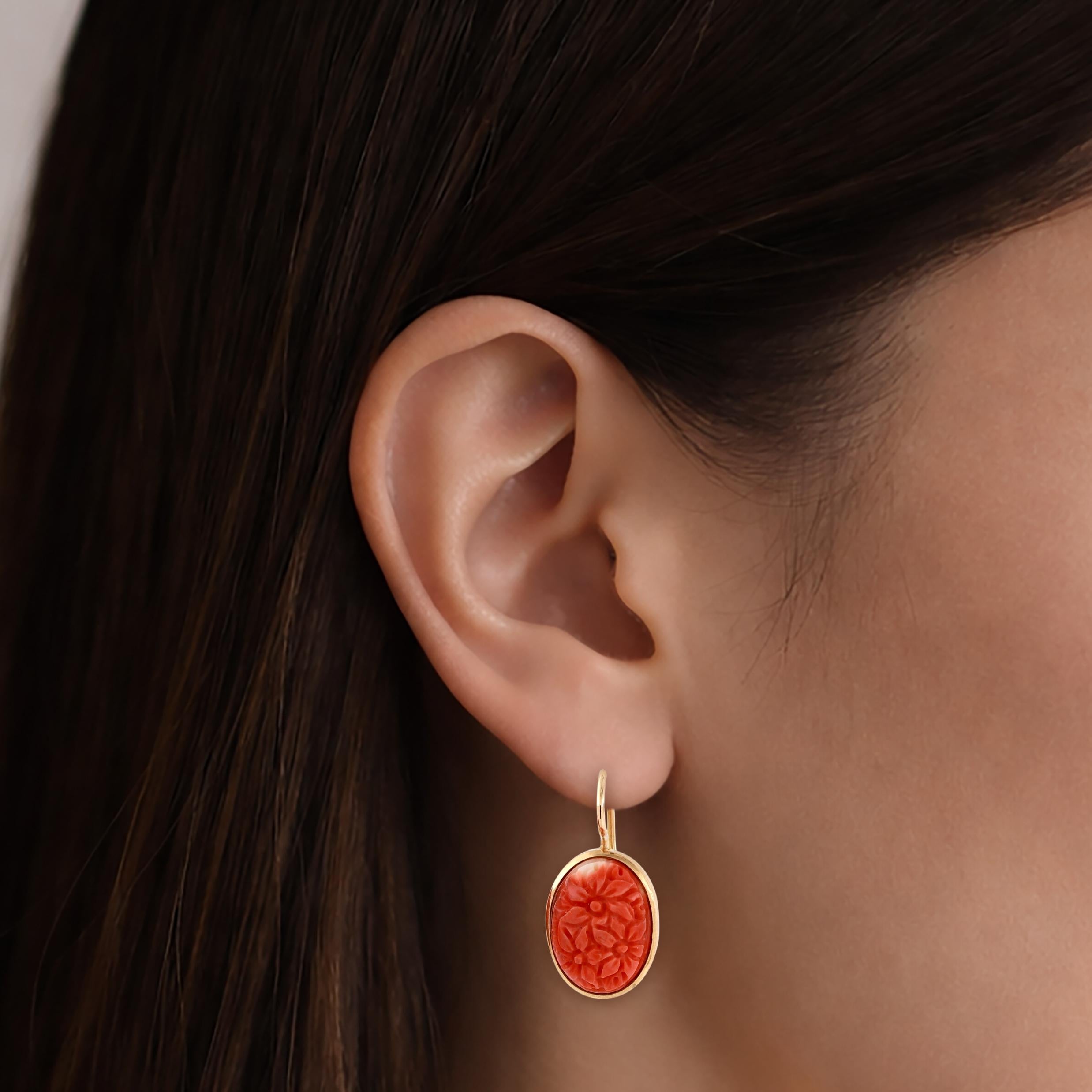18K Yellow Gold Carved Momo Coral Oval Floral Bezel Lever Back Earrings