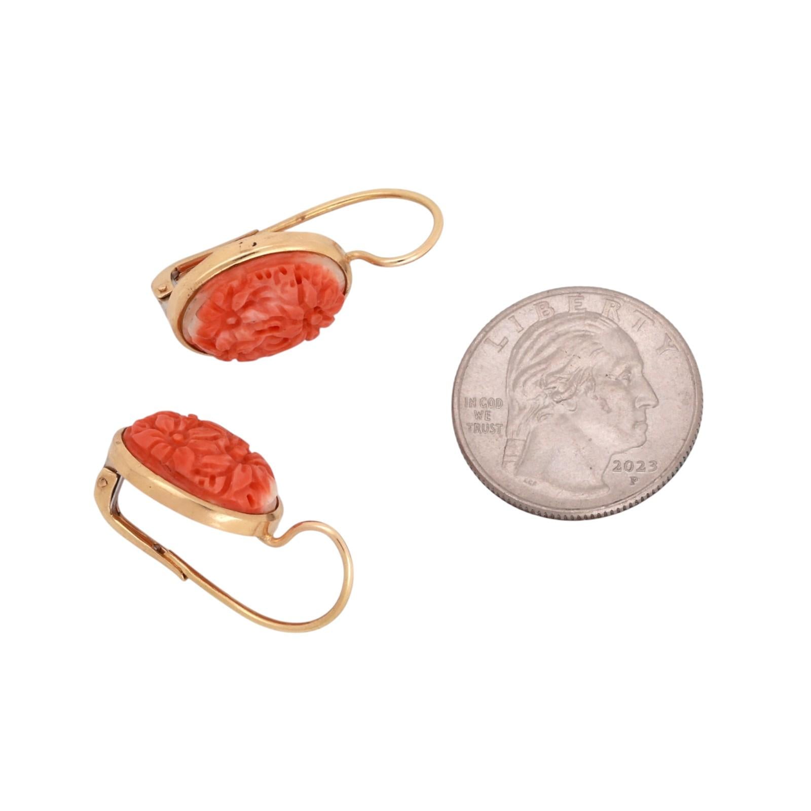 18K Yellow Gold Carved Momo Coral Oval Floral Bezel Lever Back Earrings