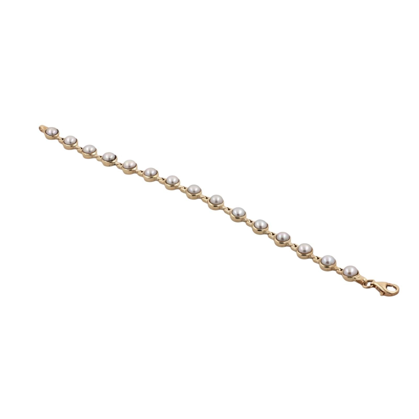 14K Yellow Gold Cultured Mabé Pearl Link Bracelet 15 Pearls 7.25" Estate