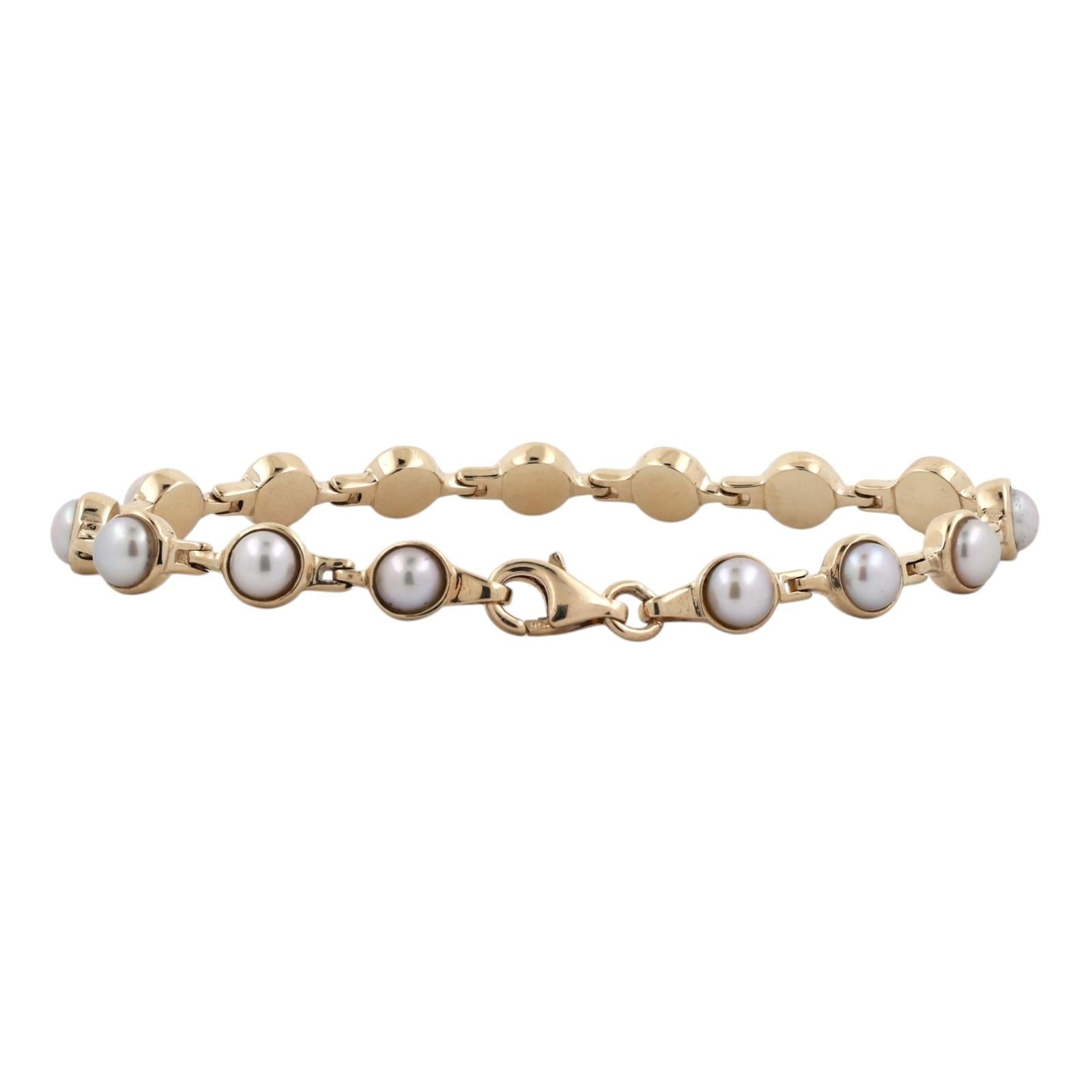 14K Yellow Gold Cultured Mabé Pearl Link Bracelet 15 Pearls 7.25" Estate