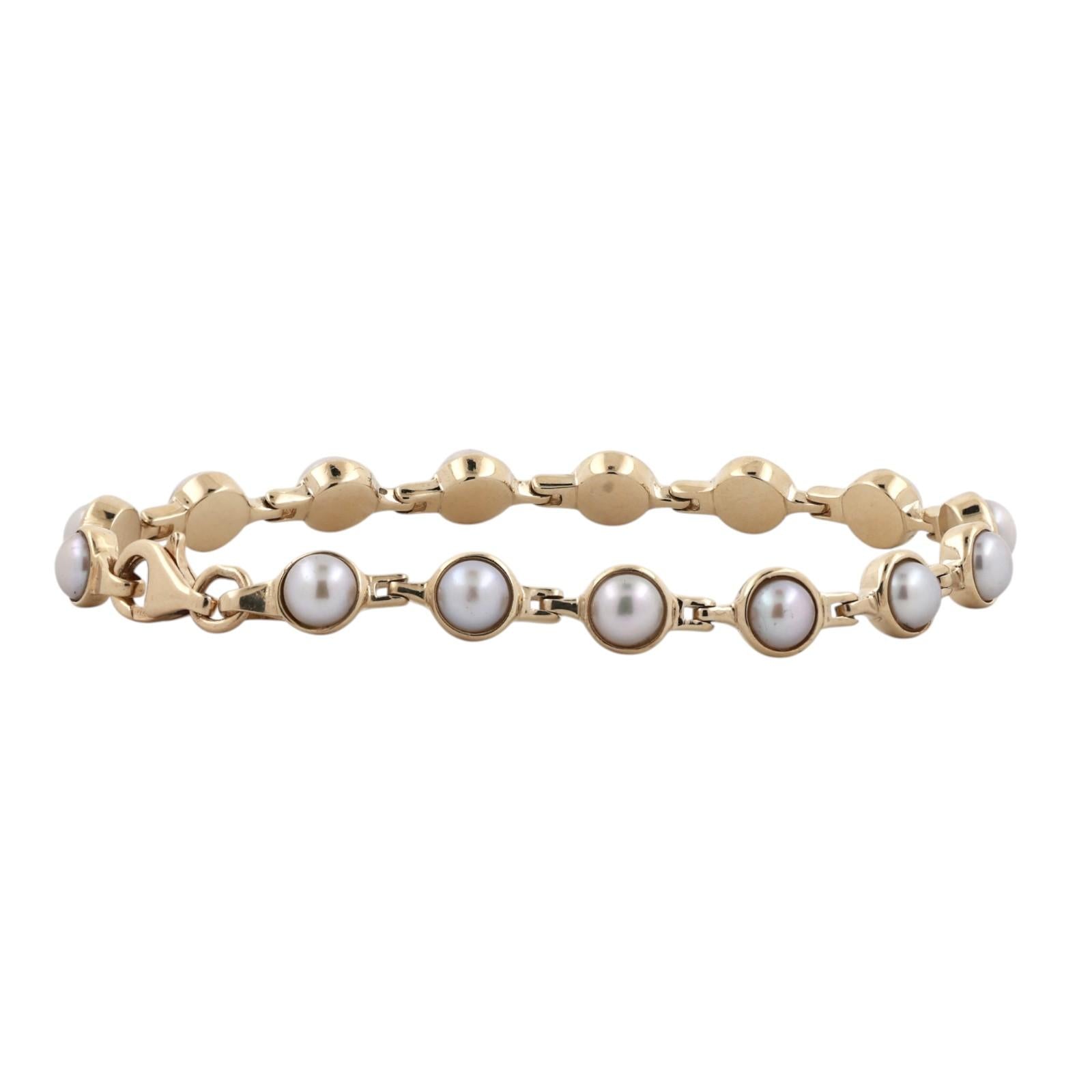 14K Yellow Gold Cultured Mabé Pearl Link Bracelet 15 Pearls 7.25" Estate