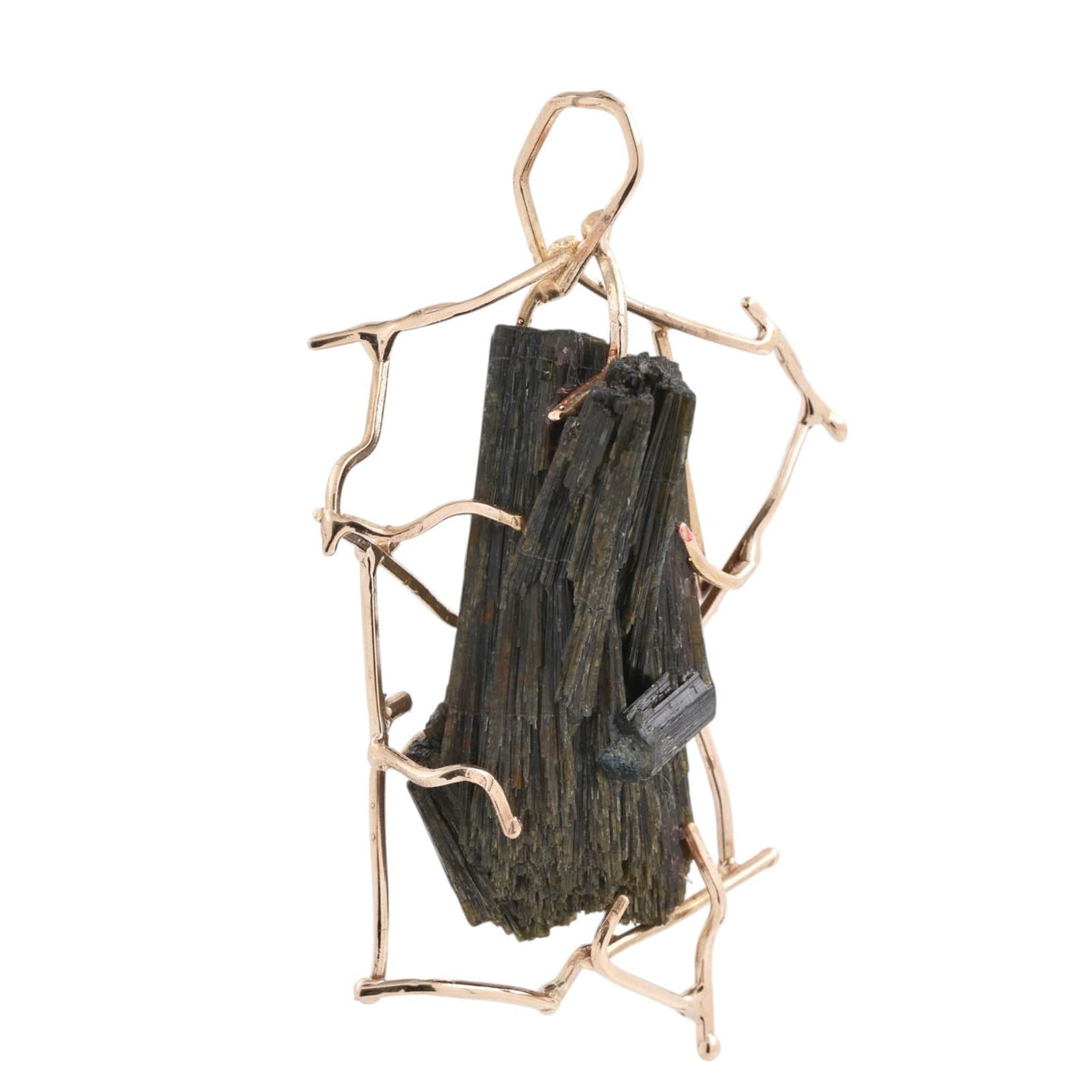 Vintage Brutalist Rough Green Tourmaline Crystal Gold Pendant 2.70" Estate