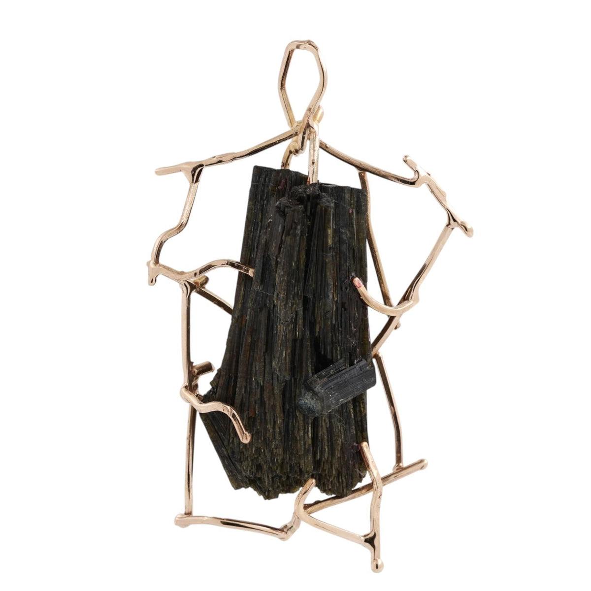 Vintage Brutalist Rough Green Tourmaline Crystal Gold Pendant 2.70" Estate