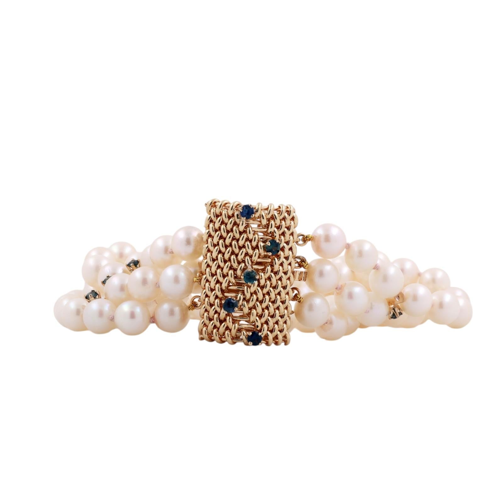 Estate 14K Gold 96 Akoya Pearl 5-Strand Blue Sapphire Bracelet 25mm Wide 7.25"