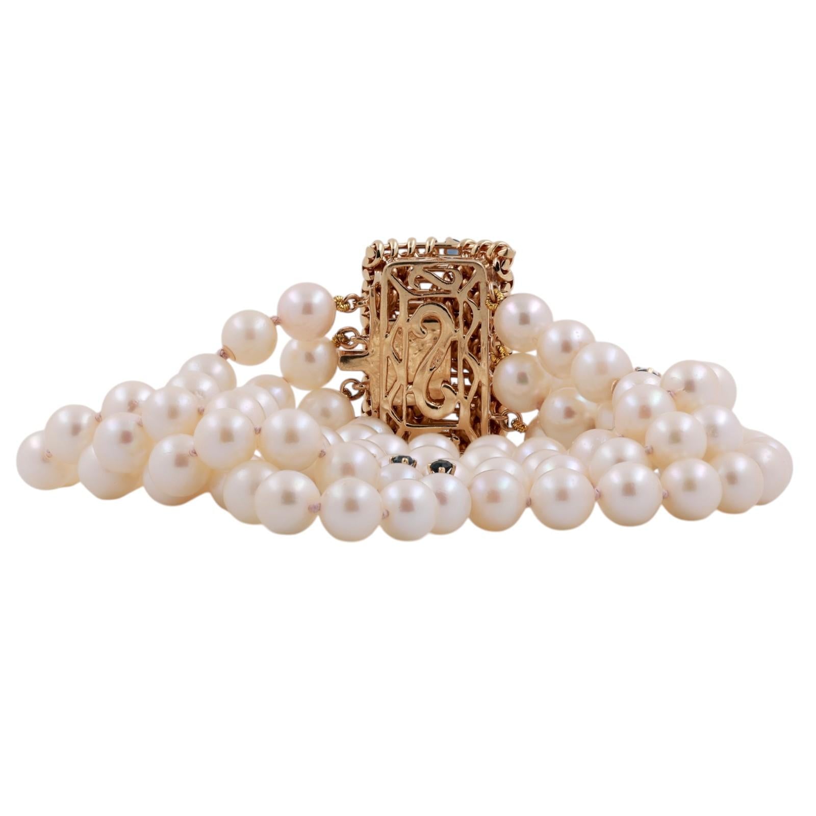 Estate 14K Gold 96 Akoya Pearl 5-Strand Blue Sapphire Bracelet 25mm Wide 7.25"