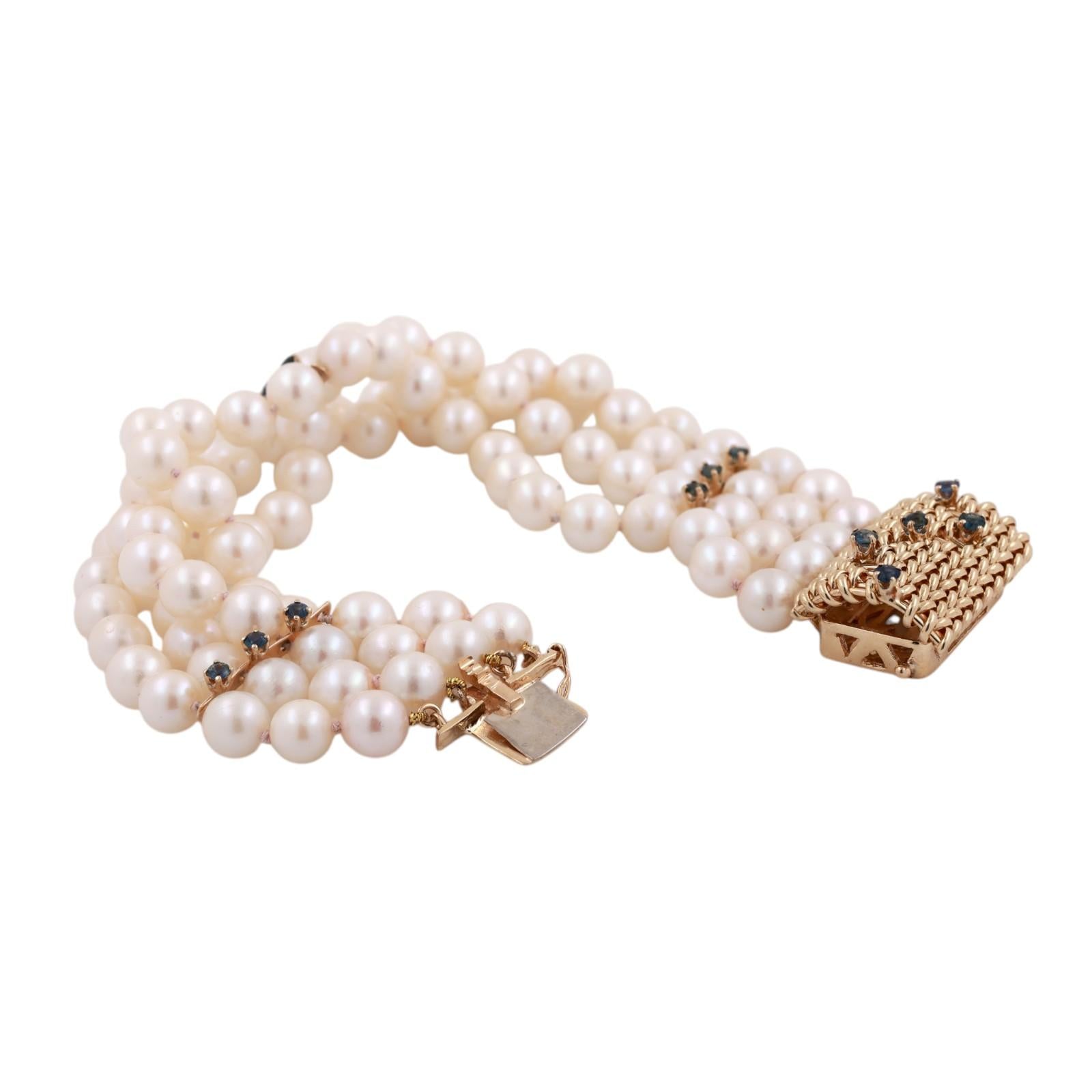 Estate 14K Gold 96 Akoya Pearl 5-Strand Blue Sapphire Bracelet 25mm Wide 7.25"