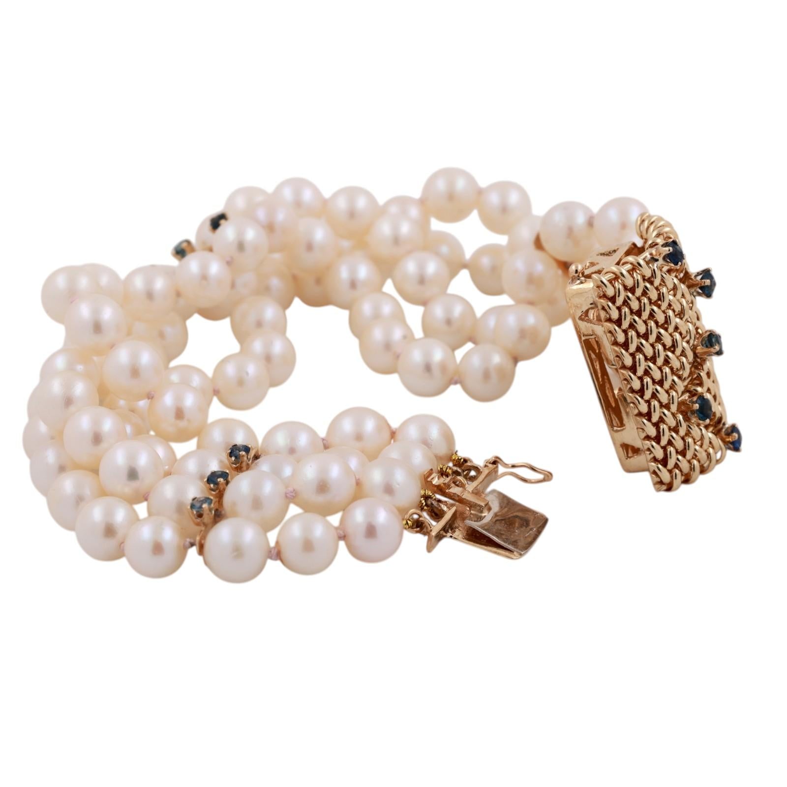 Estate 14K Gold 96 Akoya Pearl 5-Strand Blue Sapphire Bracelet 25mm Wide 7.25"