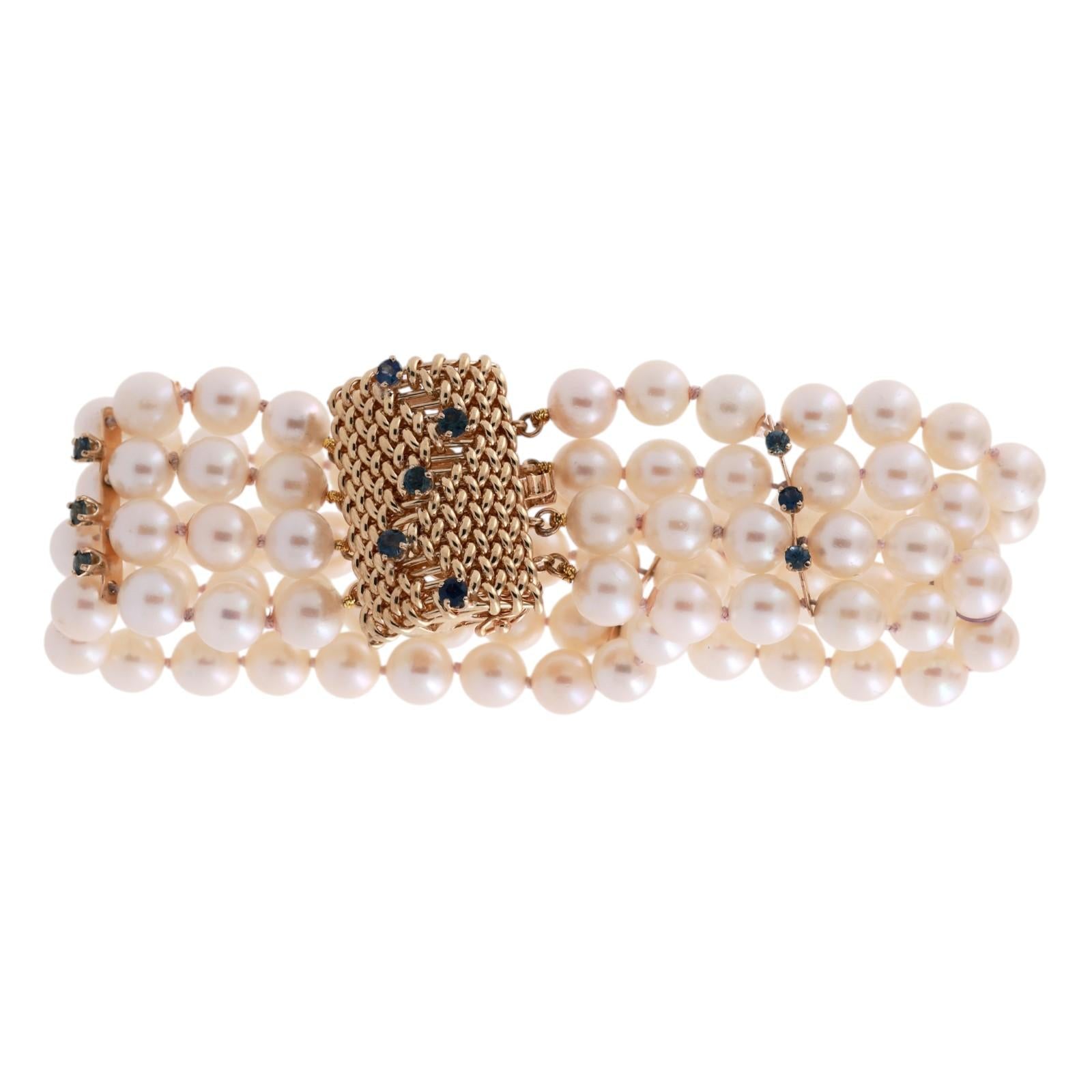 Estate 14K Gold 96 Akoya Pearl 5-Strand Blue Sapphire Bracelet 25mm Wide 7.25"