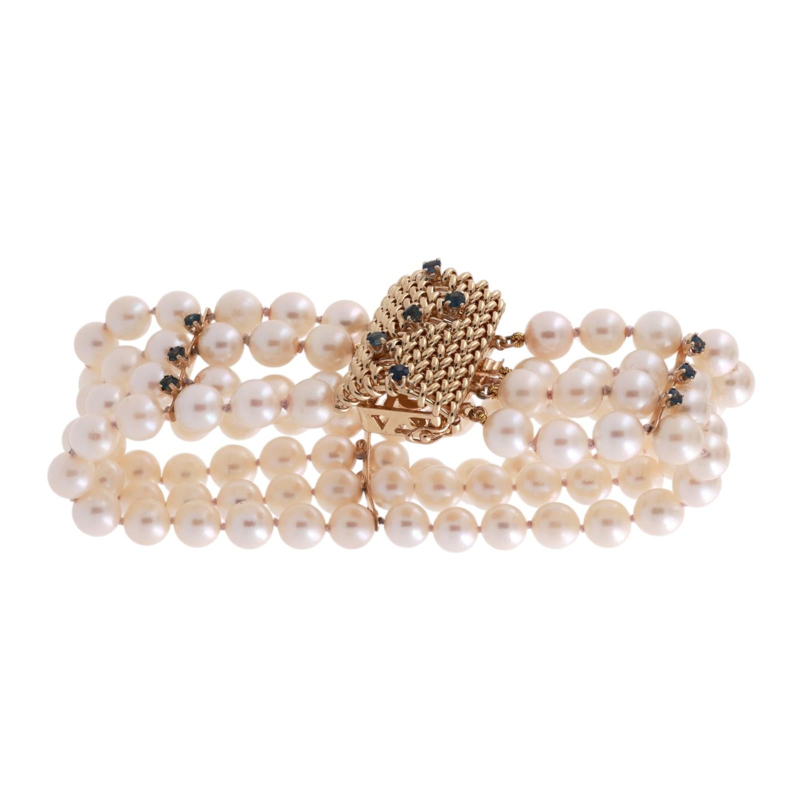 Estate 14K Gold 96 Akoya Pearl 5-Strand Blue Sapphire Bracelet 25mm Wide 7.25"
