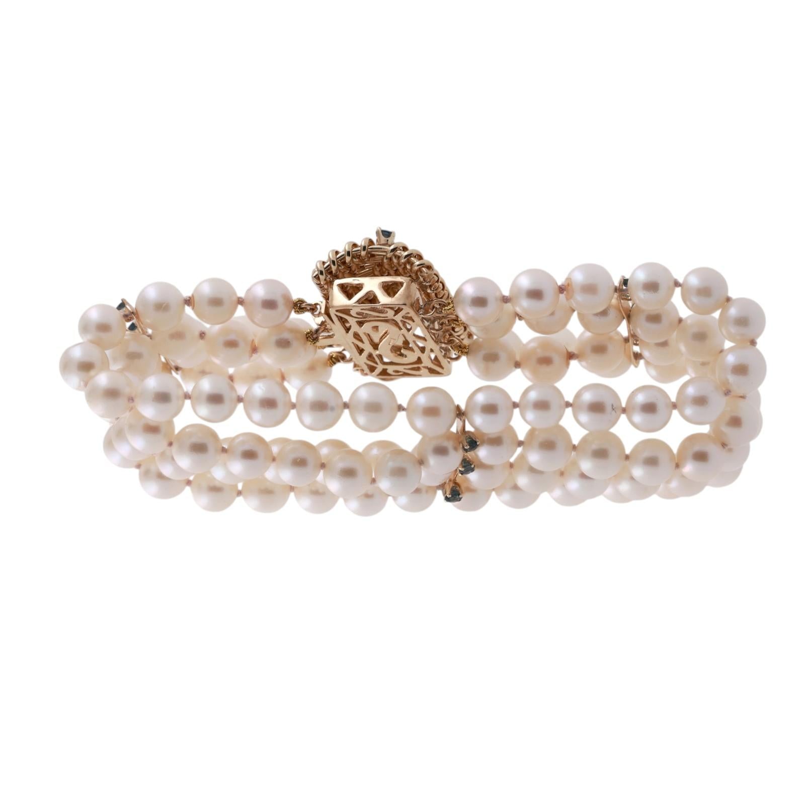 Estate 14K Gold 96 Akoya Pearl 5-Strand Blue Sapphire Bracelet 25mm Wide 7.25"