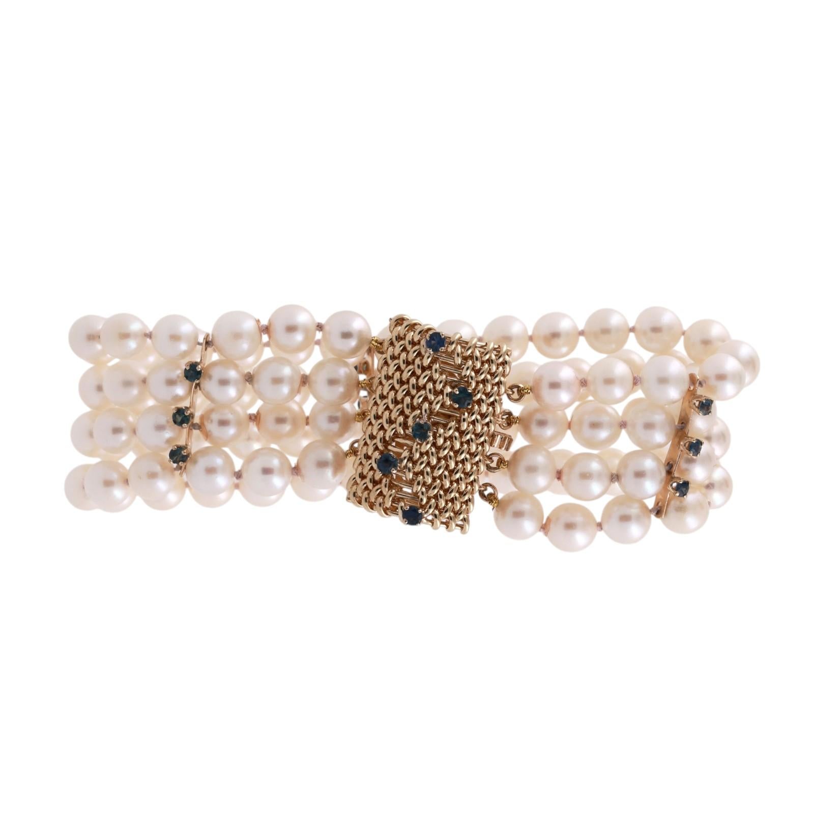 Estate 14K Gold 96 Akoya Pearl 5-Strand Blue Sapphire Bracelet 25mm Wide 7.25"