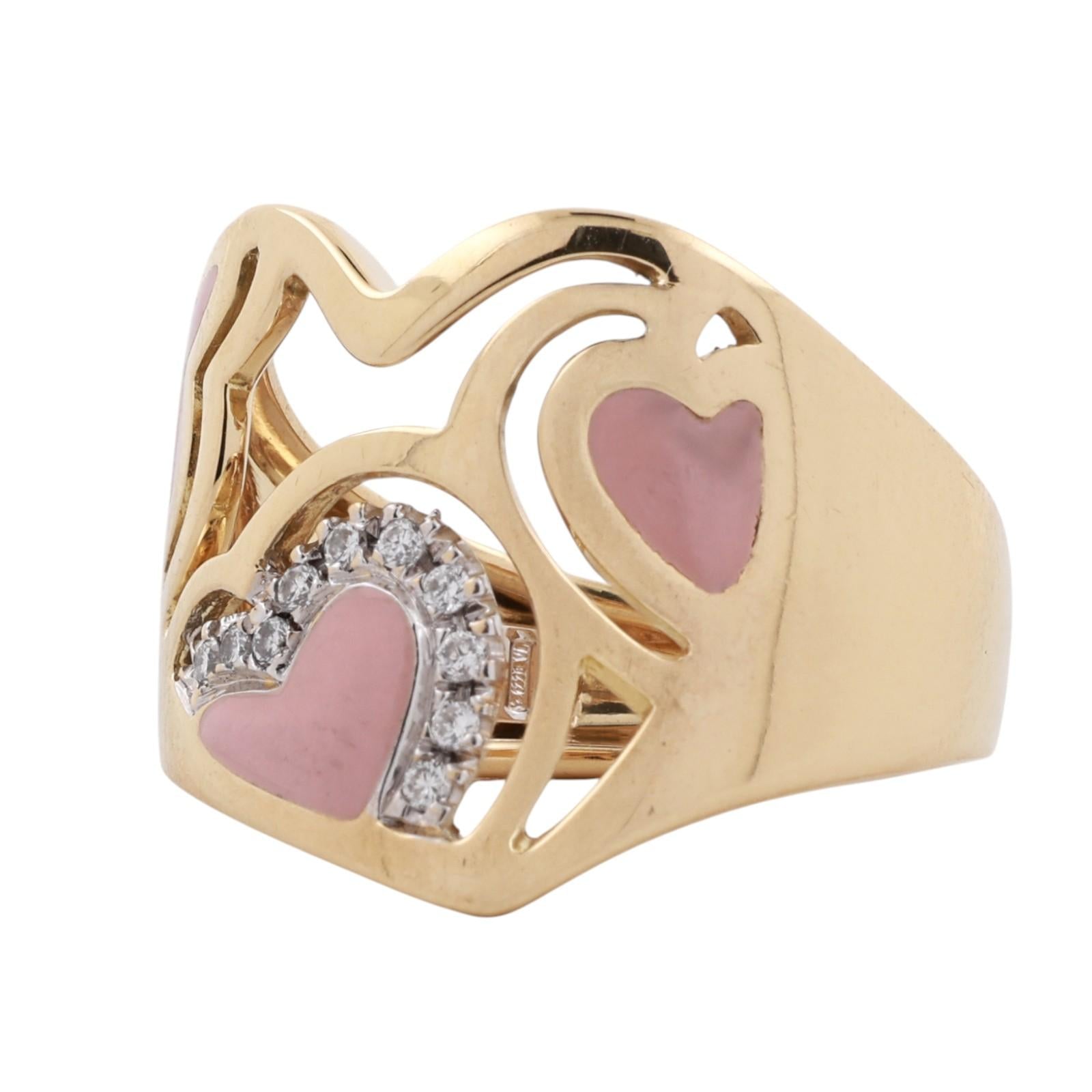 Roberto Coin 18K Yellow Gold Pink Enamel Heart Diamond Openwork Ring Italy 6.75