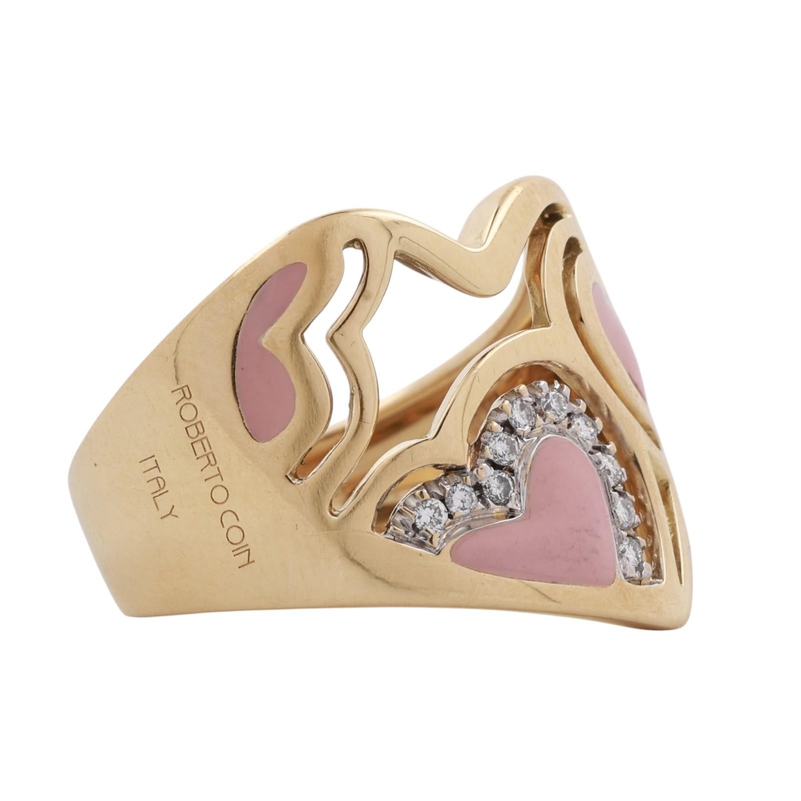 Roberto Coin 18K Yellow Gold Pink Enamel Heart Diamond Openwork Ring Italy 6.75