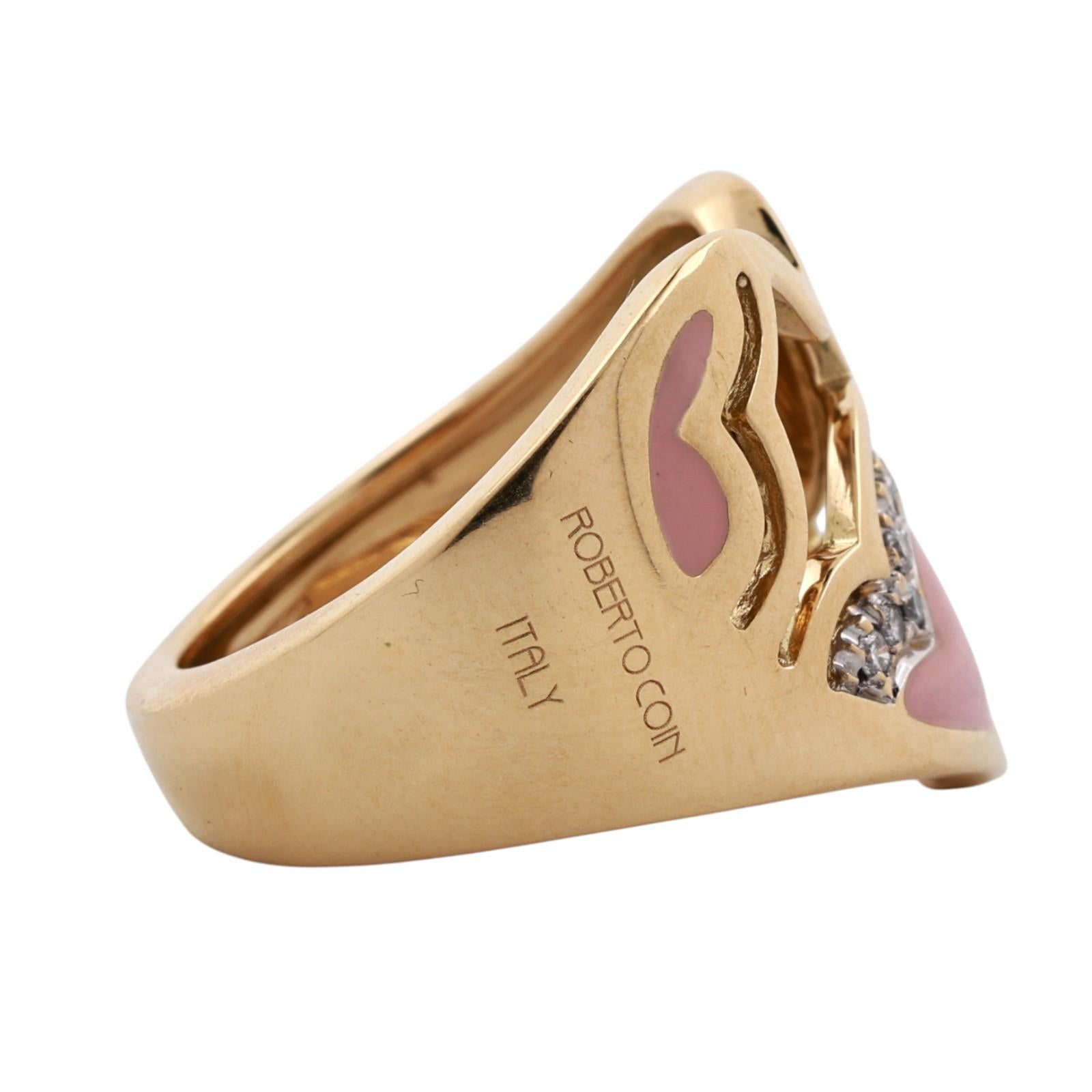 Roberto Coin 18K Yellow Gold Pink Enamel Heart Diamond Openwork Ring Italy 6.75