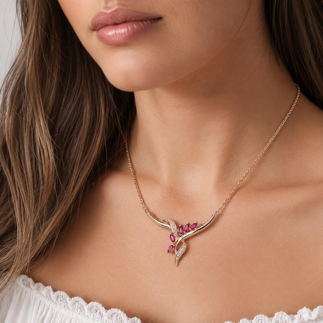 14K Yellow Gold Ruby Diamond Y Necklace Marquise Ruby Drop 17.5" Estate