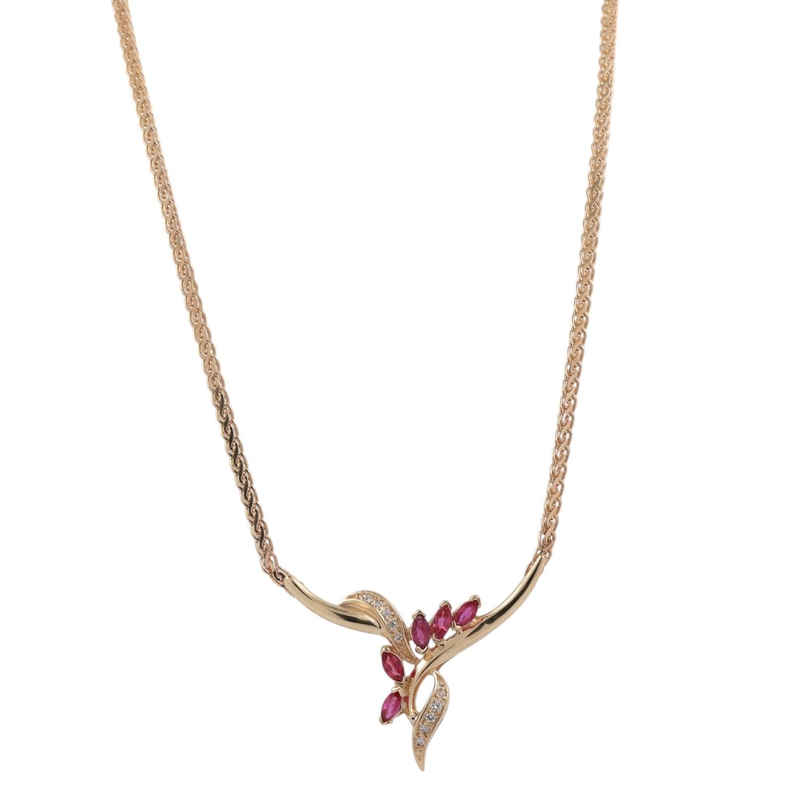 14K Yellow Gold Ruby Diamond Y Necklace Marquise Ruby Drop 17.5" Estate