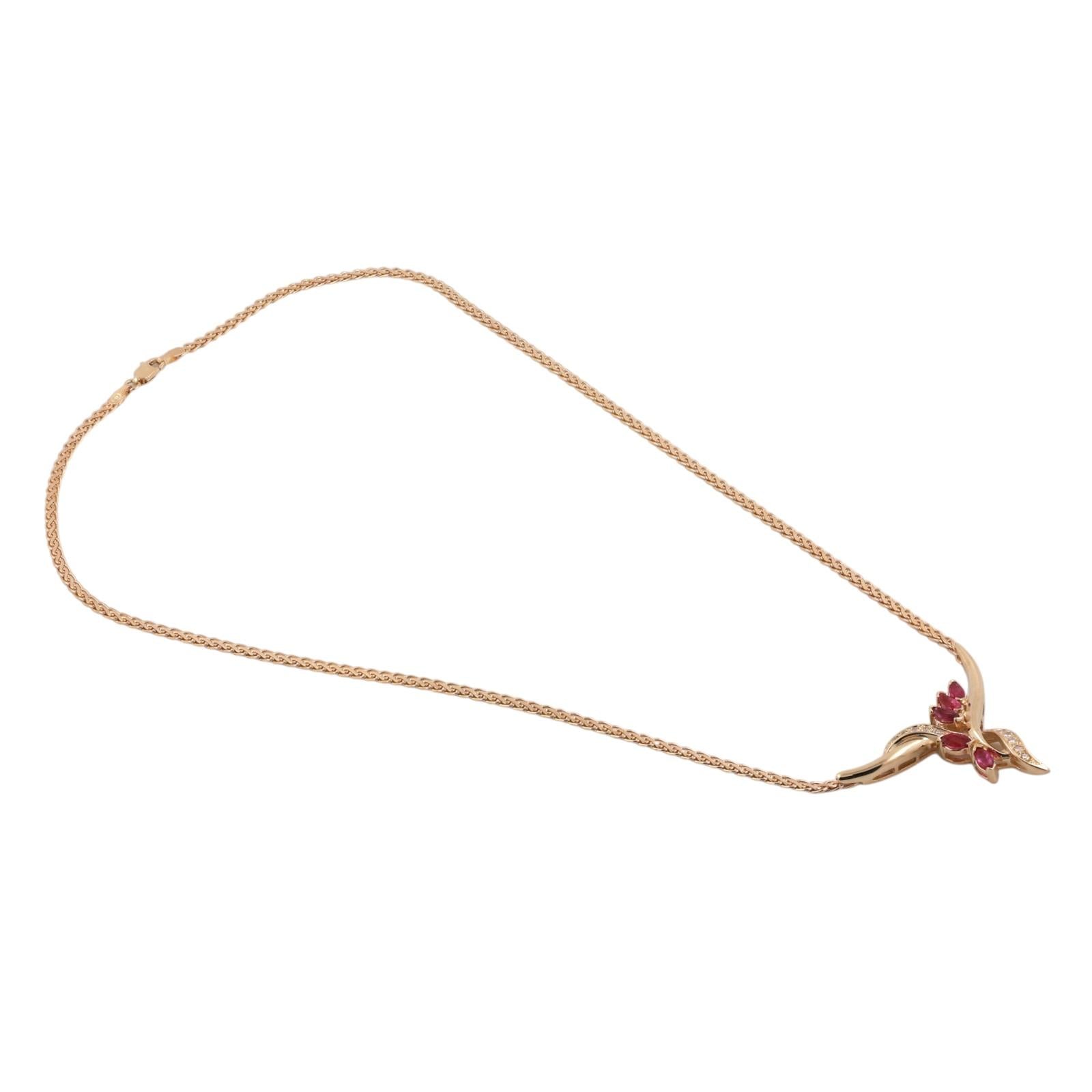 14K Yellow Gold Ruby Diamond Y Necklace Marquise Ruby Drop 17.5" Estate
