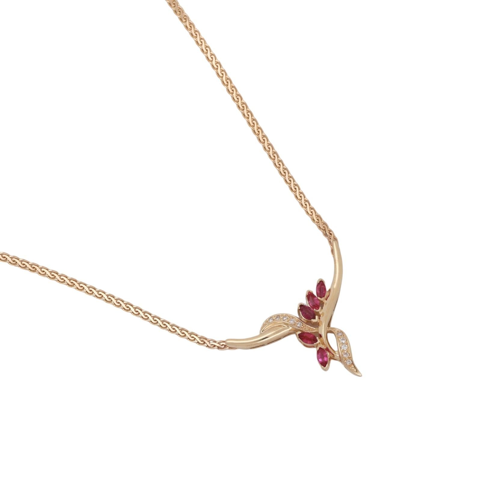 14K Yellow Gold Ruby Diamond Y Necklace Marquise Ruby Drop 17.5" Estate