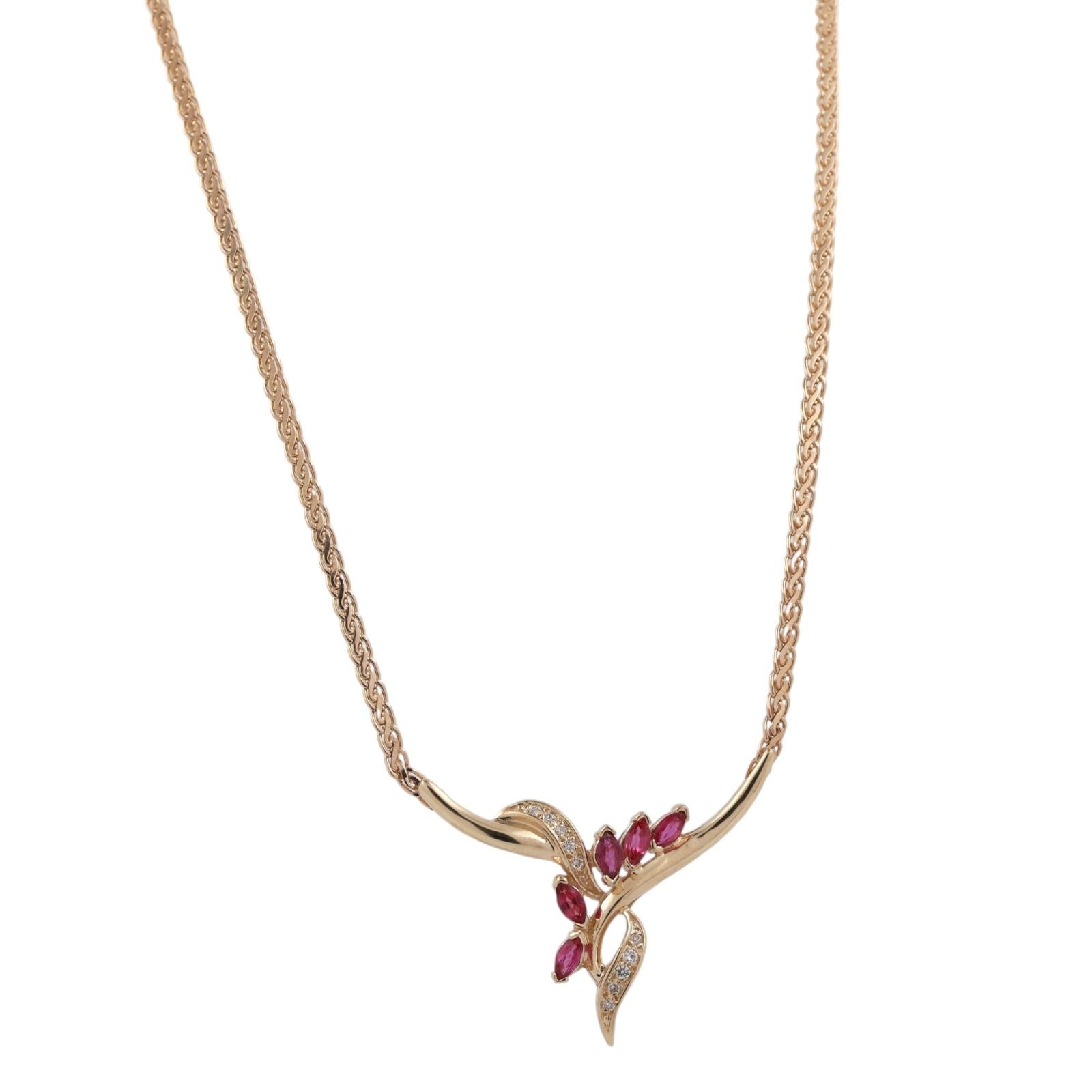 14K Yellow Gold Ruby Diamond Y Necklace Marquise Ruby Drop 17.5" Estate