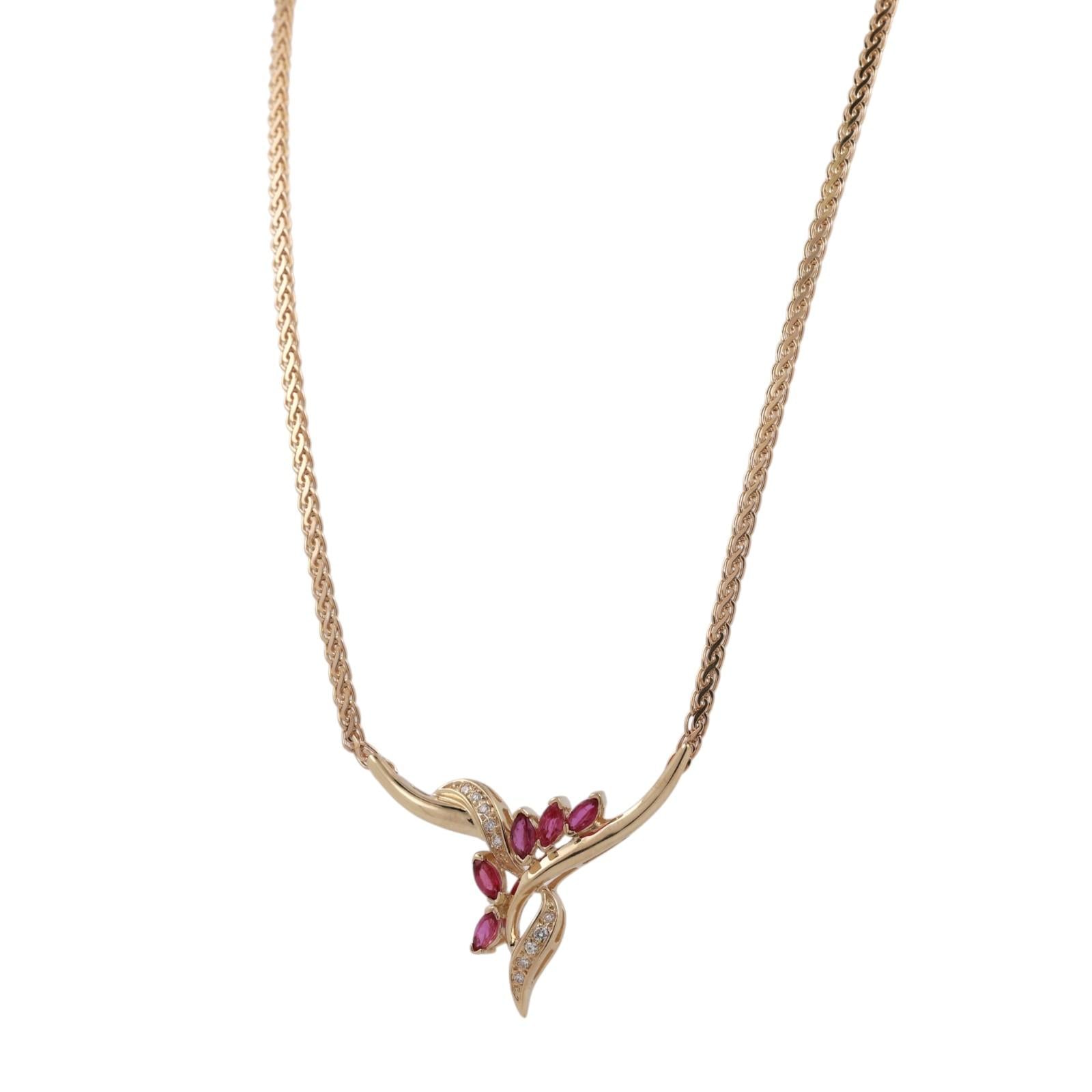 14K Yellow Gold Ruby Diamond Y Necklace Marquise Ruby Drop 17.5" Estate
