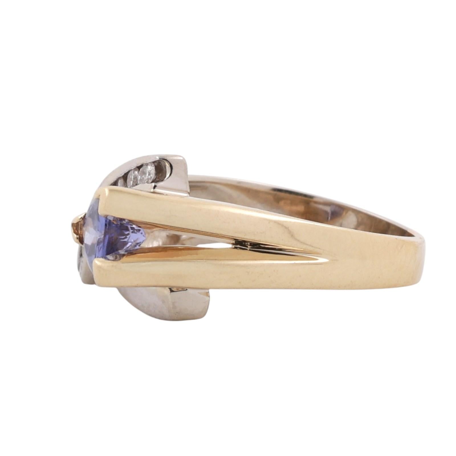 14K Two-Tone Gold Trillion Tanzanite Diamond Bypass Ring 0.65ctw Size 5.75