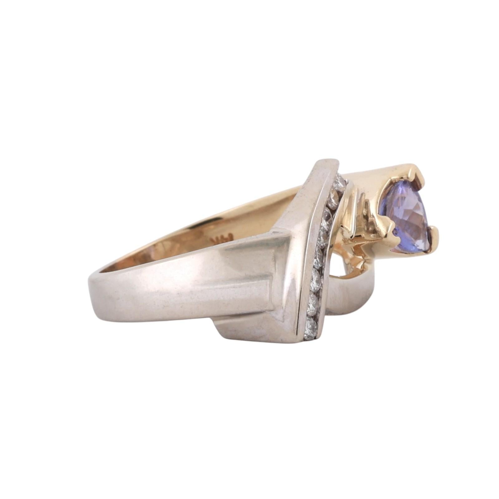 14K Two-Tone Gold Trillion Tanzanite Diamond Bypass Ring 0.65ctw Size 5.75