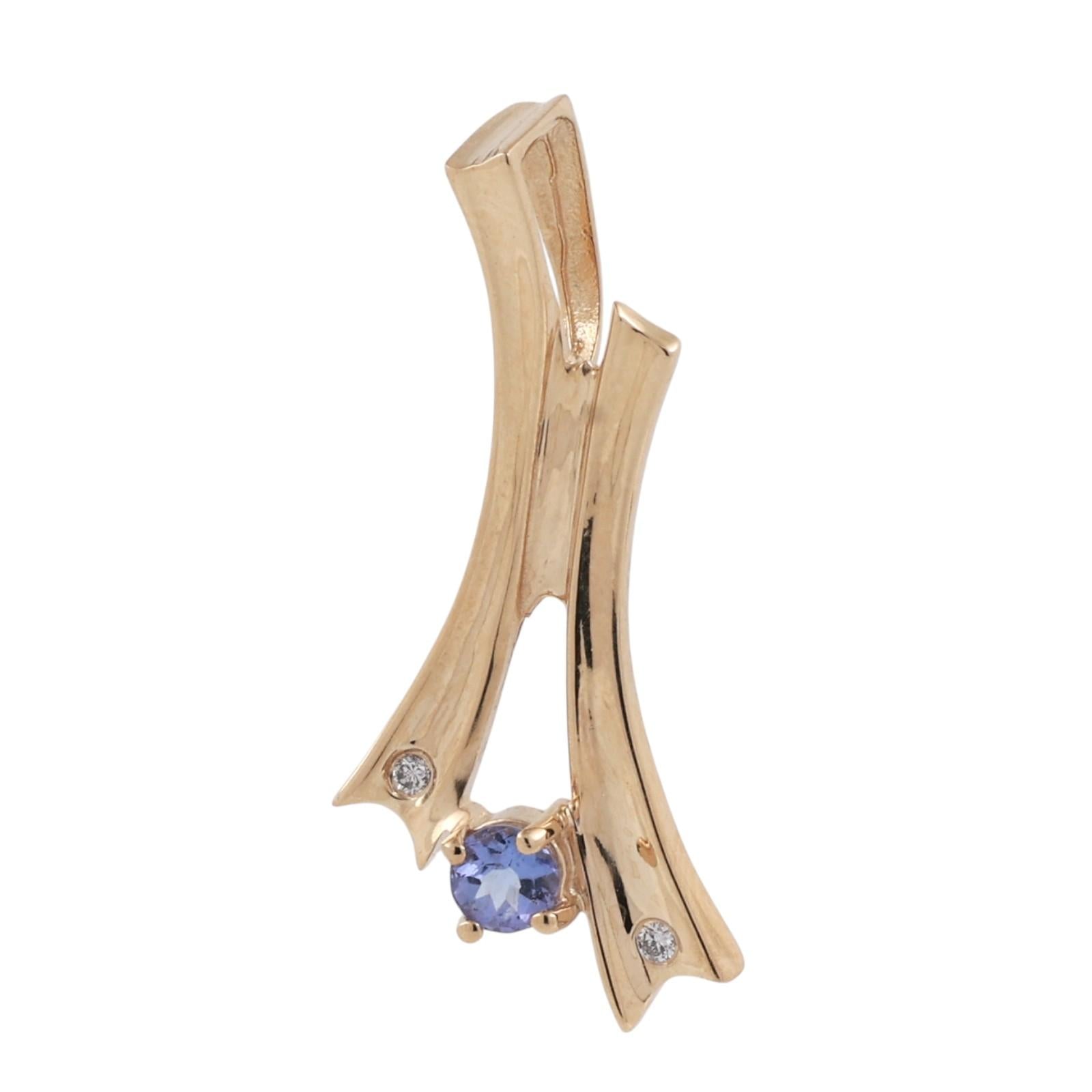 14K Yellow Gold Iolite Diamond Abstract Freeform Pendant Modernist Design