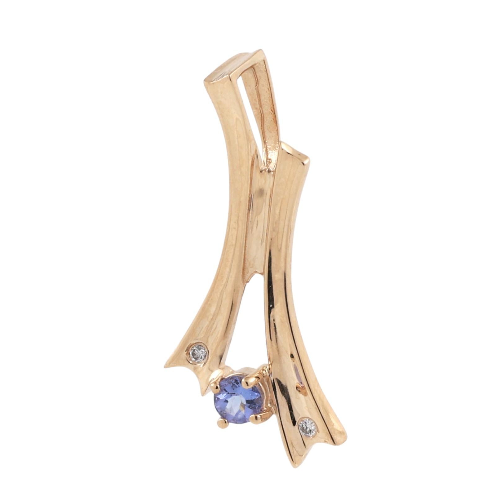14K Yellow Gold Iolite Diamond Abstract Freeform Pendant Modernist Design