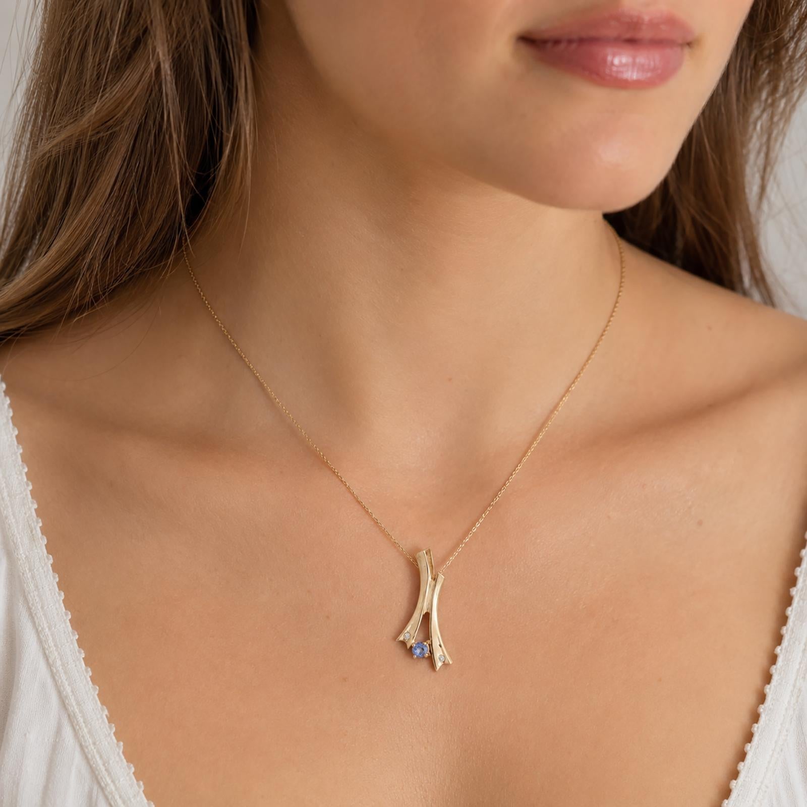 14K Yellow Gold Iolite Diamond Abstract Freeform Pendant Modernist Design
