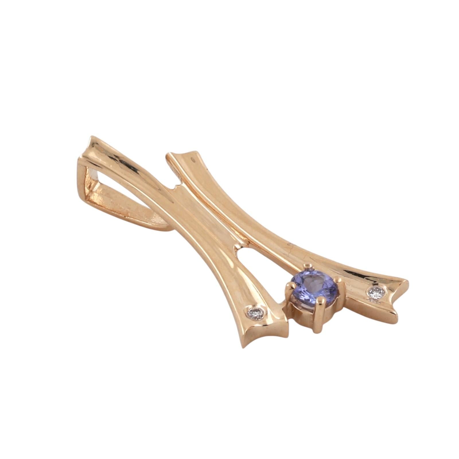 14K Yellow Gold Iolite Diamond Abstract Freeform Pendant Modernist Design