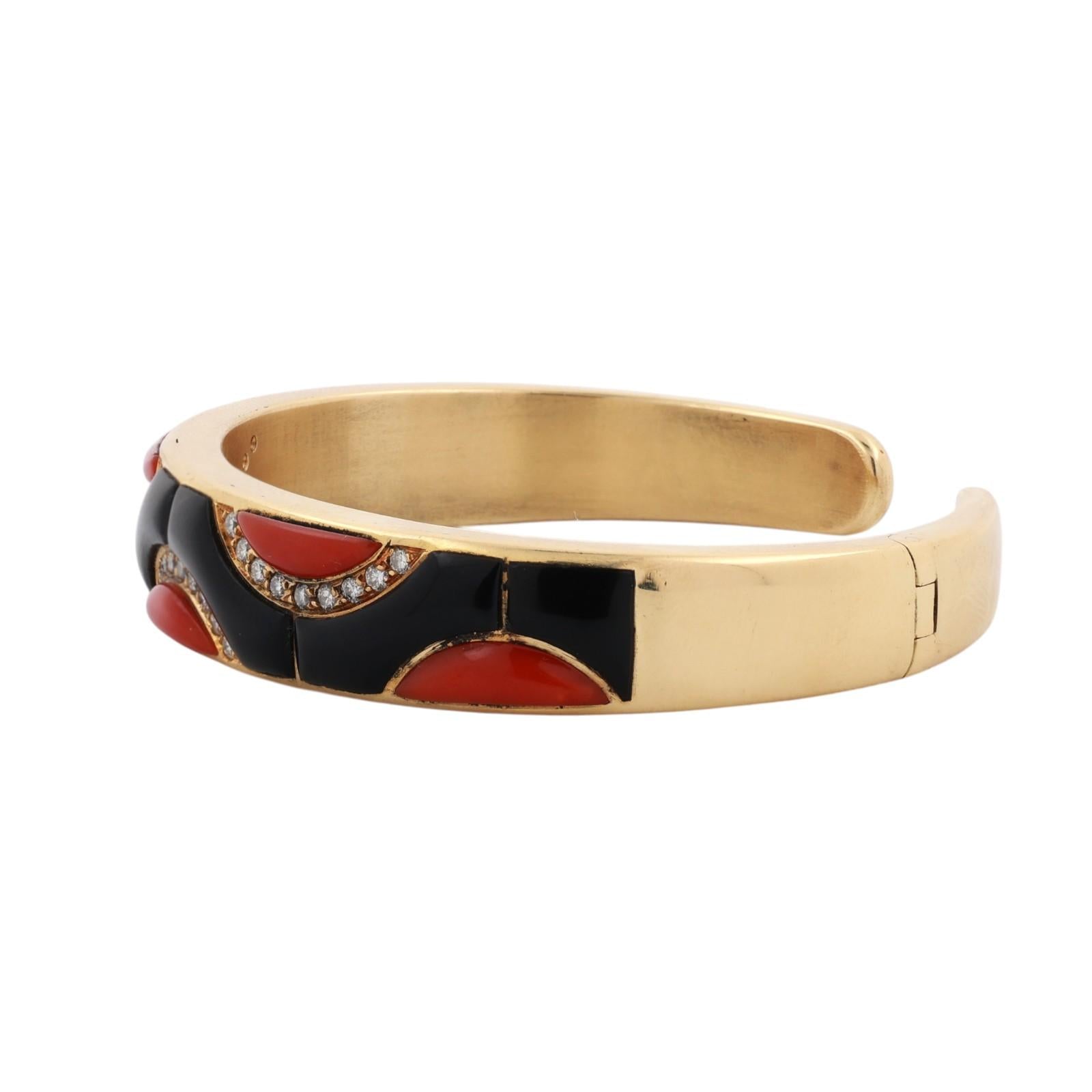 18K Yellow Gold Momo Coral Black Onyx Diamond Hinged Cuff Bangle Bracelet 6.5"