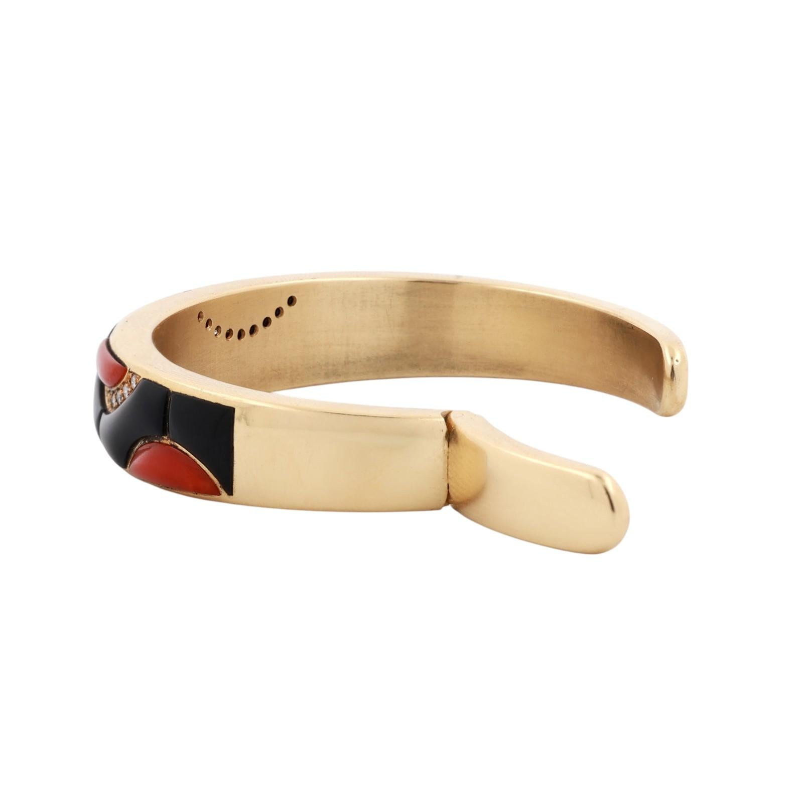 18K Yellow Gold Momo Coral Black Onyx Diamond Hinged Cuff Bangle Bracelet 6.5"