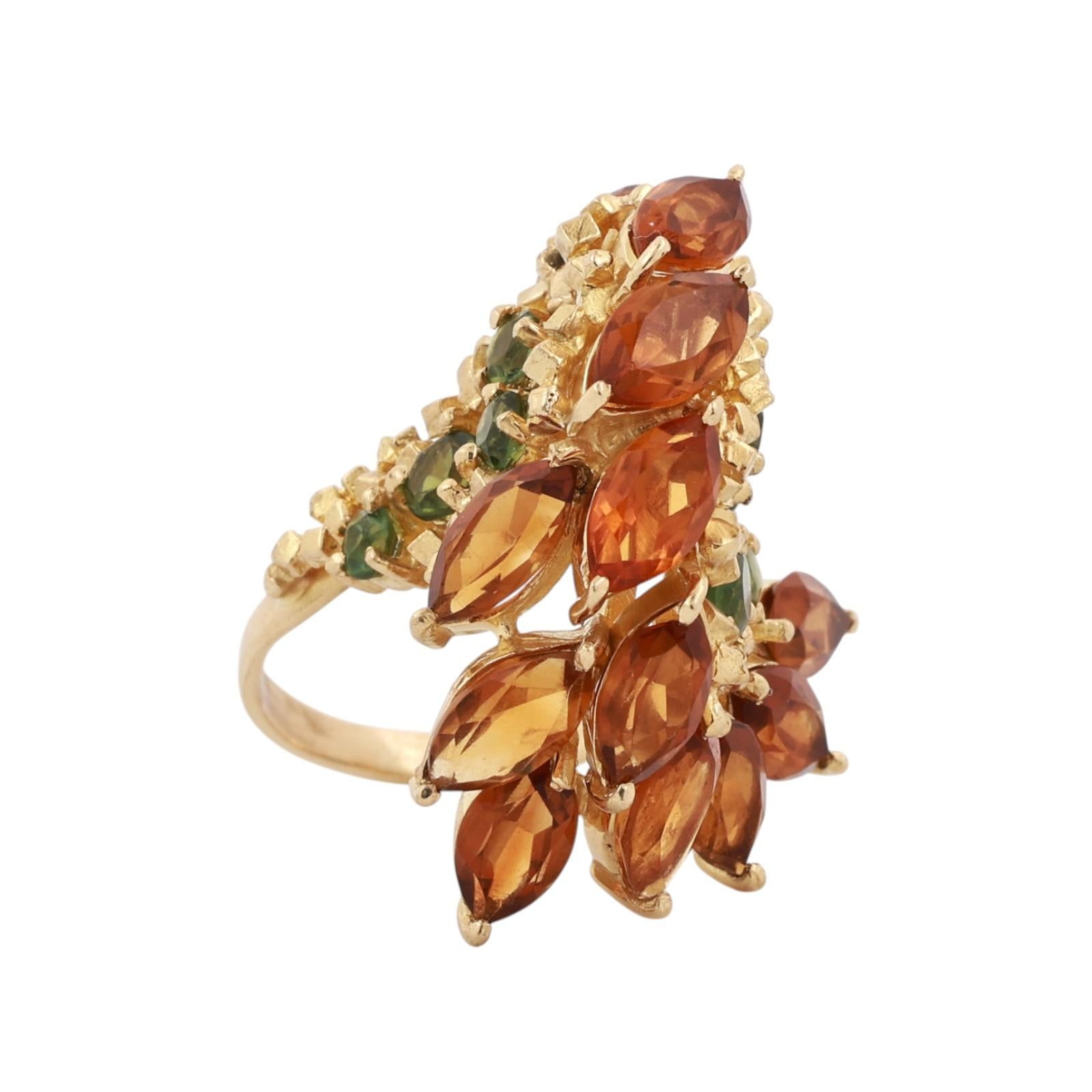 18K Yellow Gold 5.70CTW Citrine Peridot Floral Cluster Cocktail Statement Ring