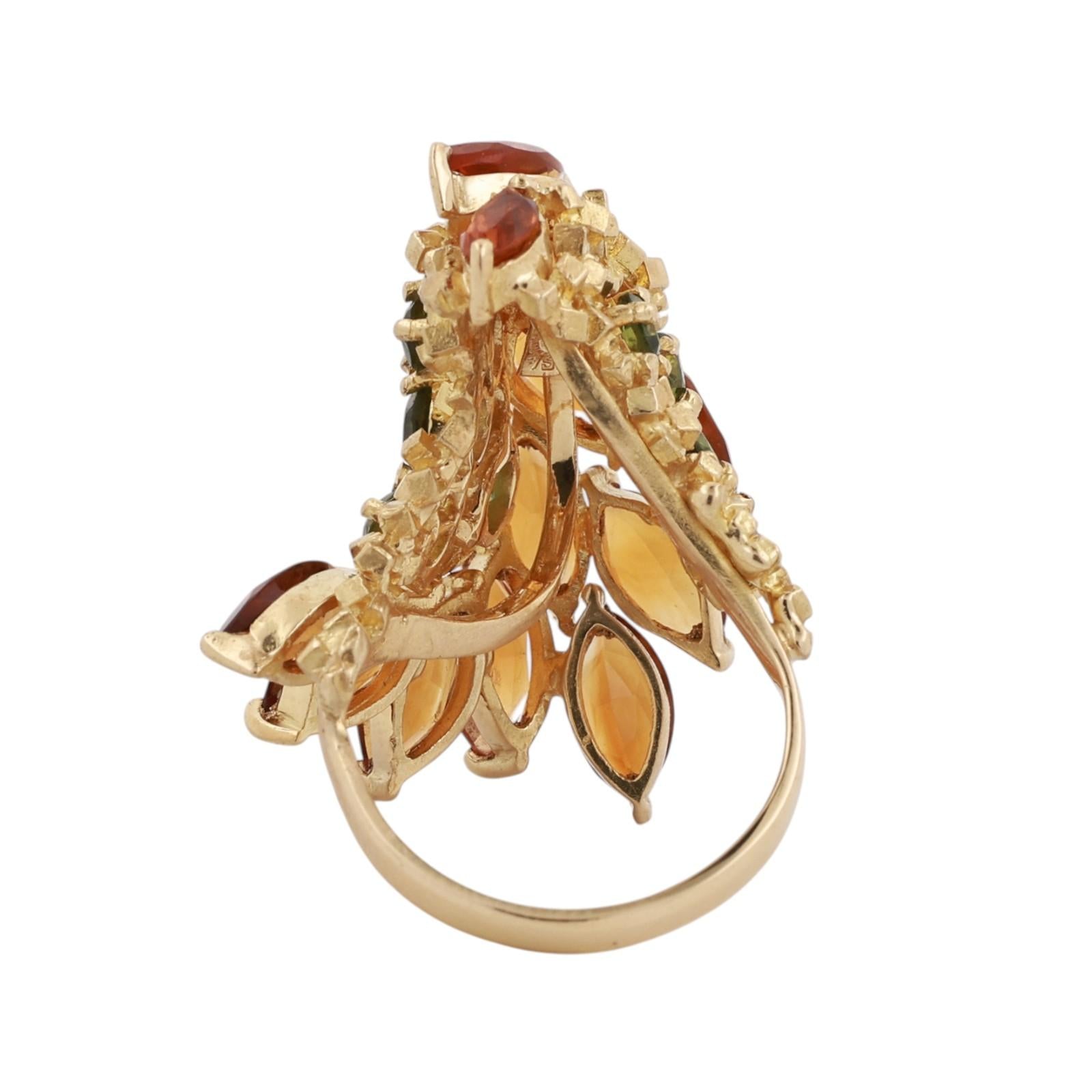 18K Yellow Gold 5.70CTW Citrine Peridot Floral Cluster Cocktail Statement Ring