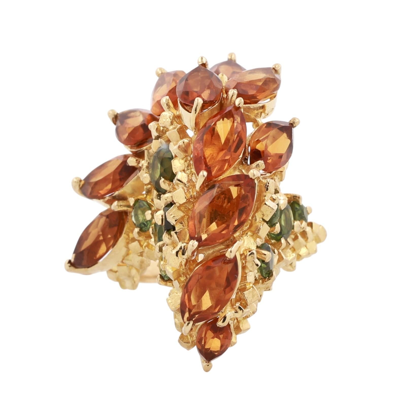 18K Yellow Gold 5.70CTW Citrine Peridot Floral Cluster Cocktail Statement Ring