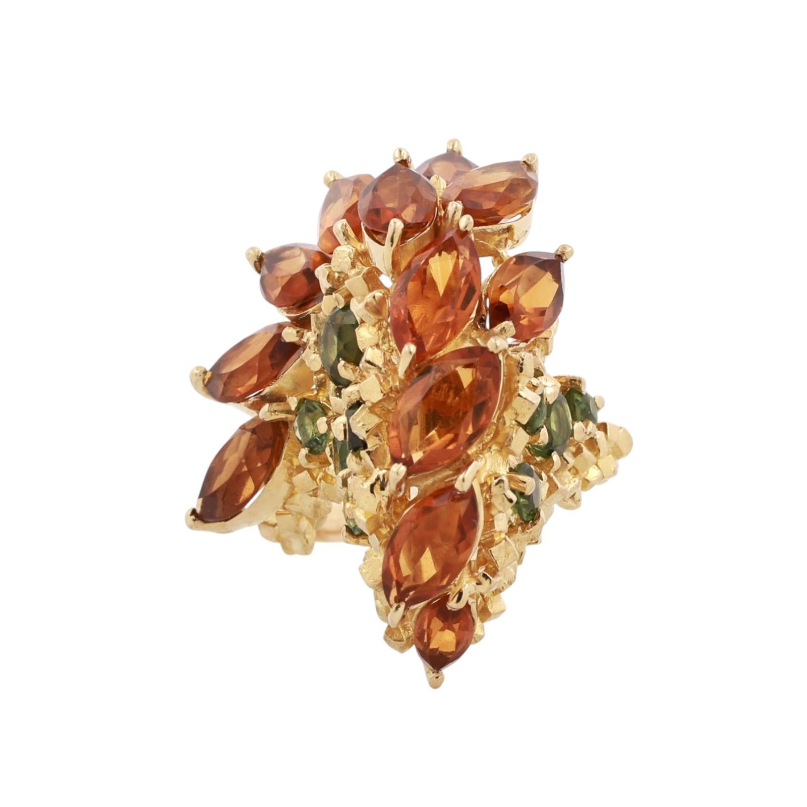 18K Yellow Gold 5.70CTW Citrine Peridot Floral Cluster Cocktail Statement Ring